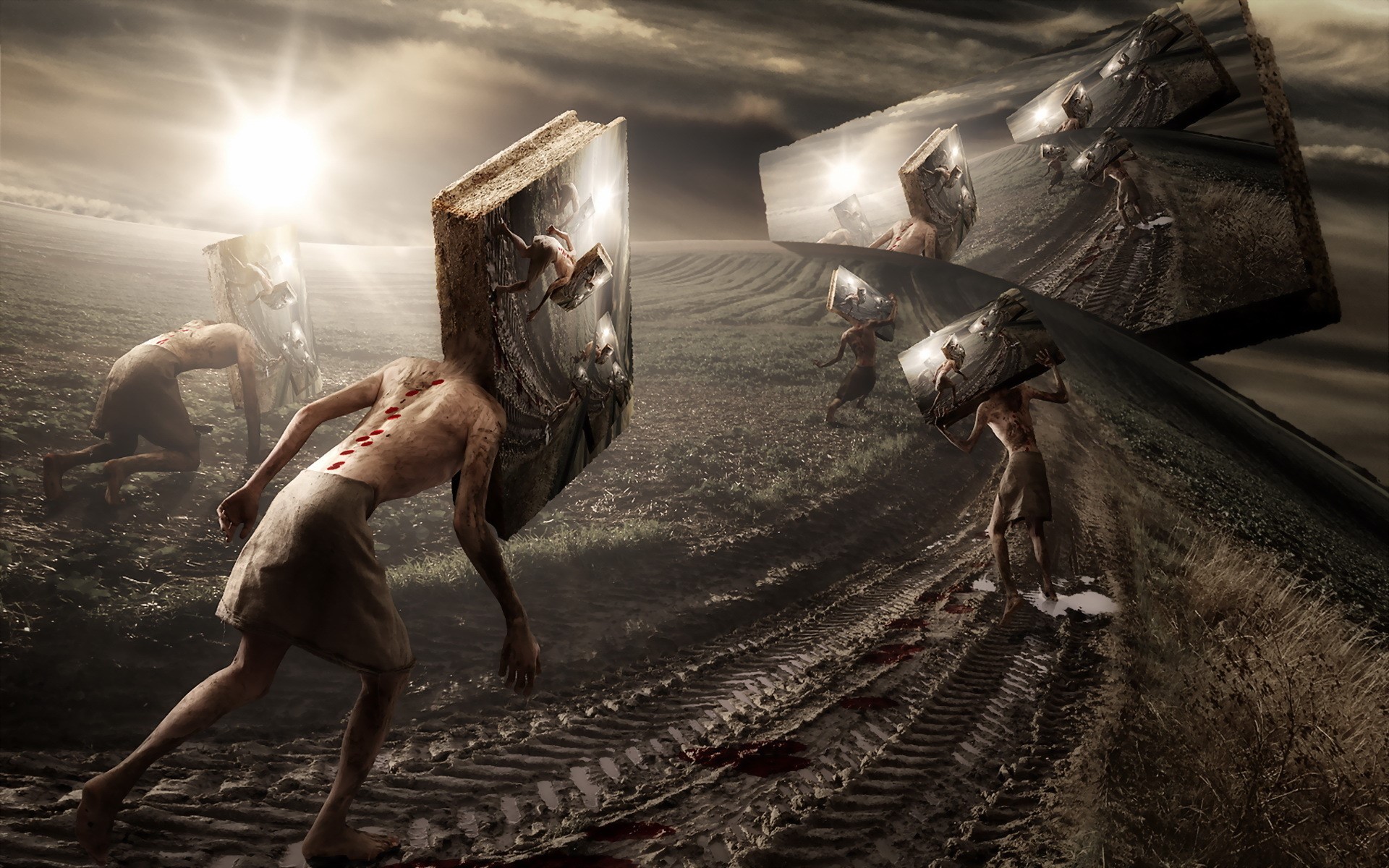 Creatures carrying books in a surreal landscape HD Wallpaper