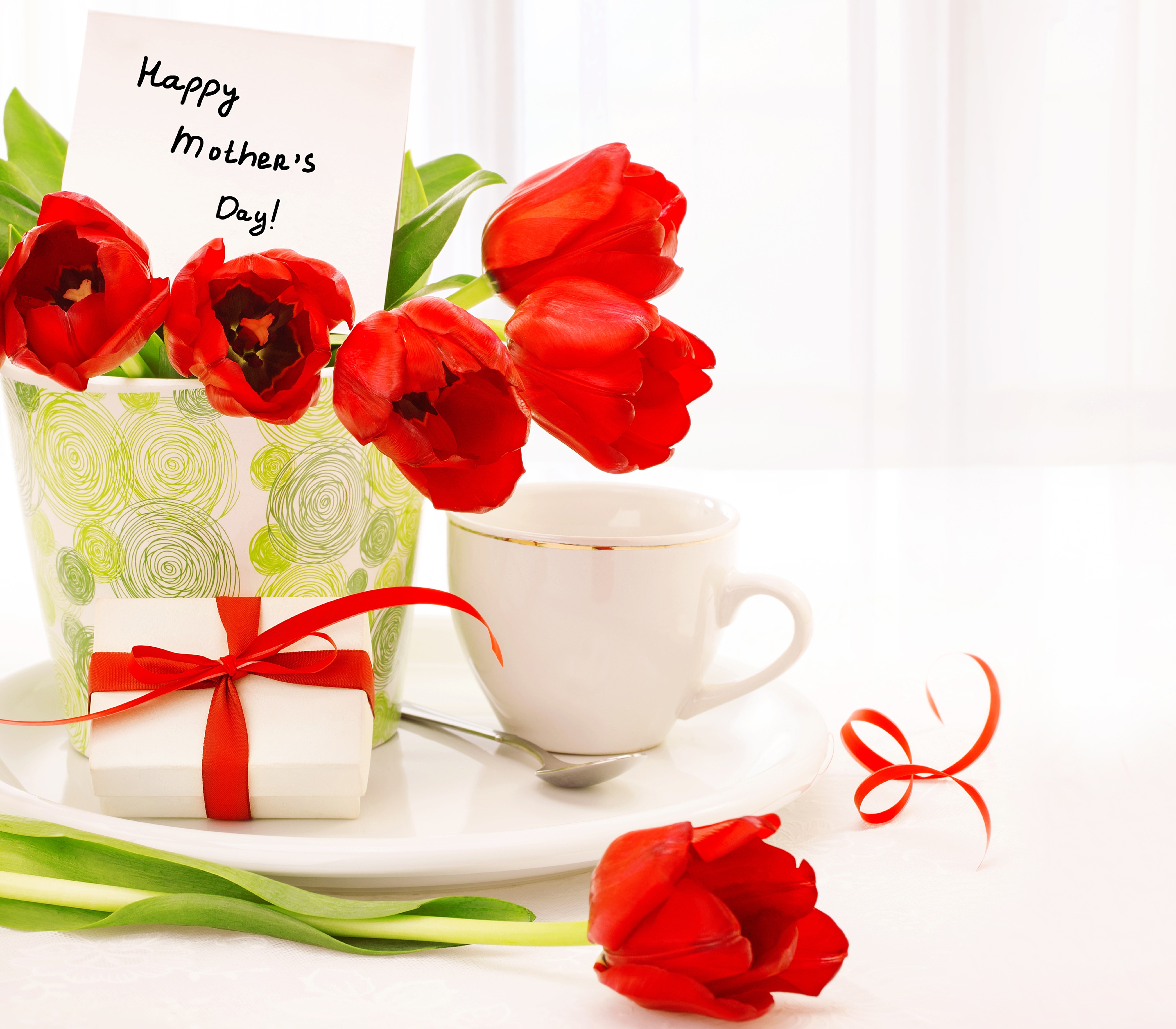 Mother's Day Tulips with Gift and Coffee Cup HD Wallpaper