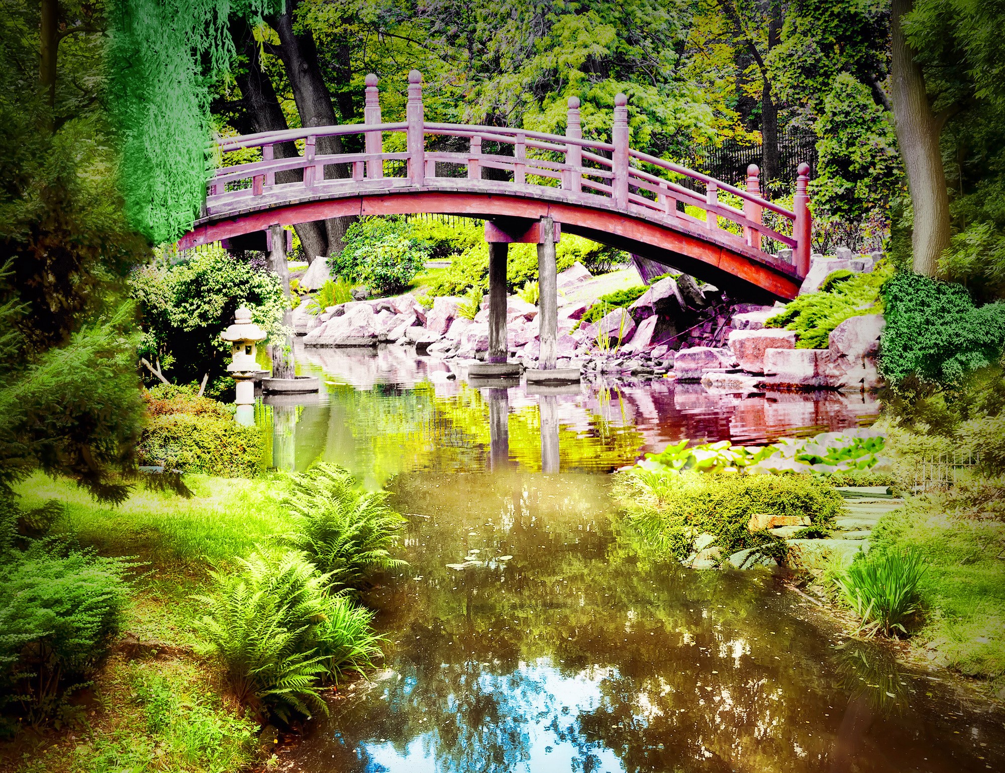 Japanese garden with a red bridge over a pond HD Wallpaper