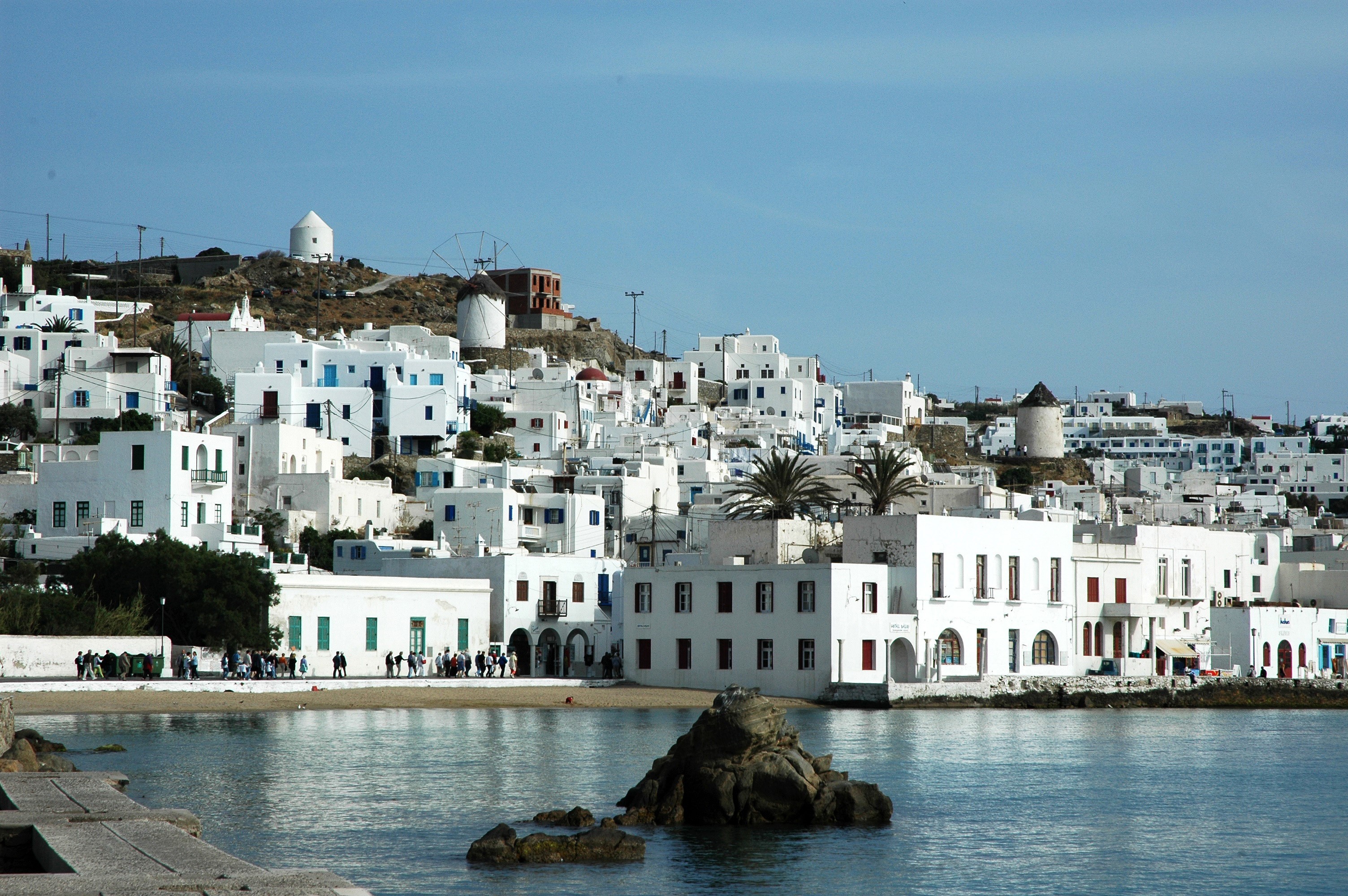 White buildings and windmills in Mykonos, Greece HD Wallpaper