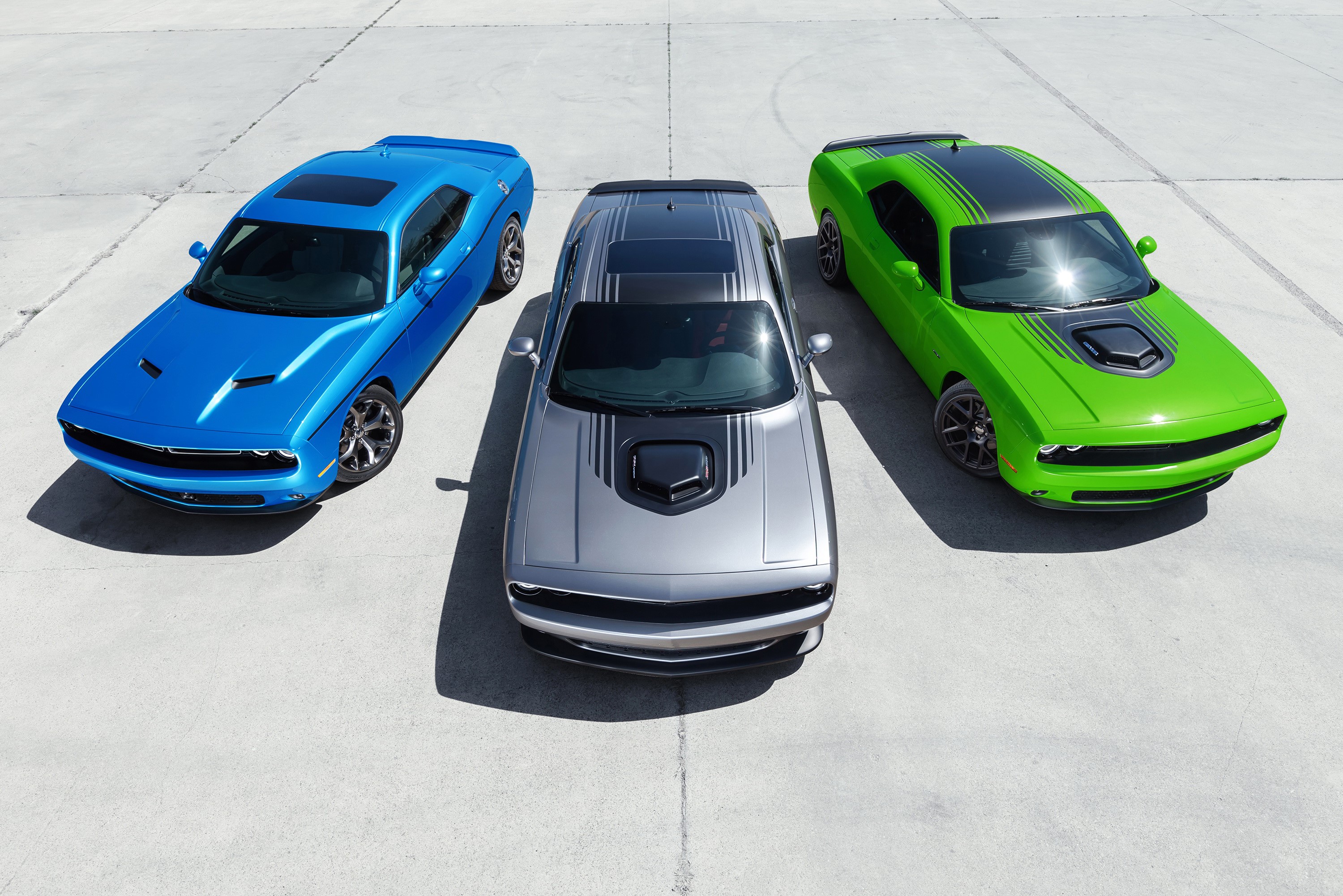 Three Dodge Challengers from above HD Wallpaper