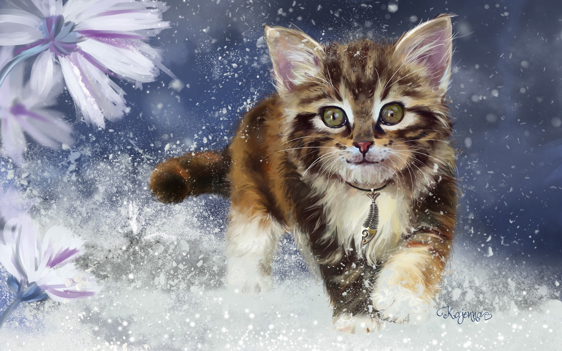 A kitten running through the snow with flowers HD Wallpaper
