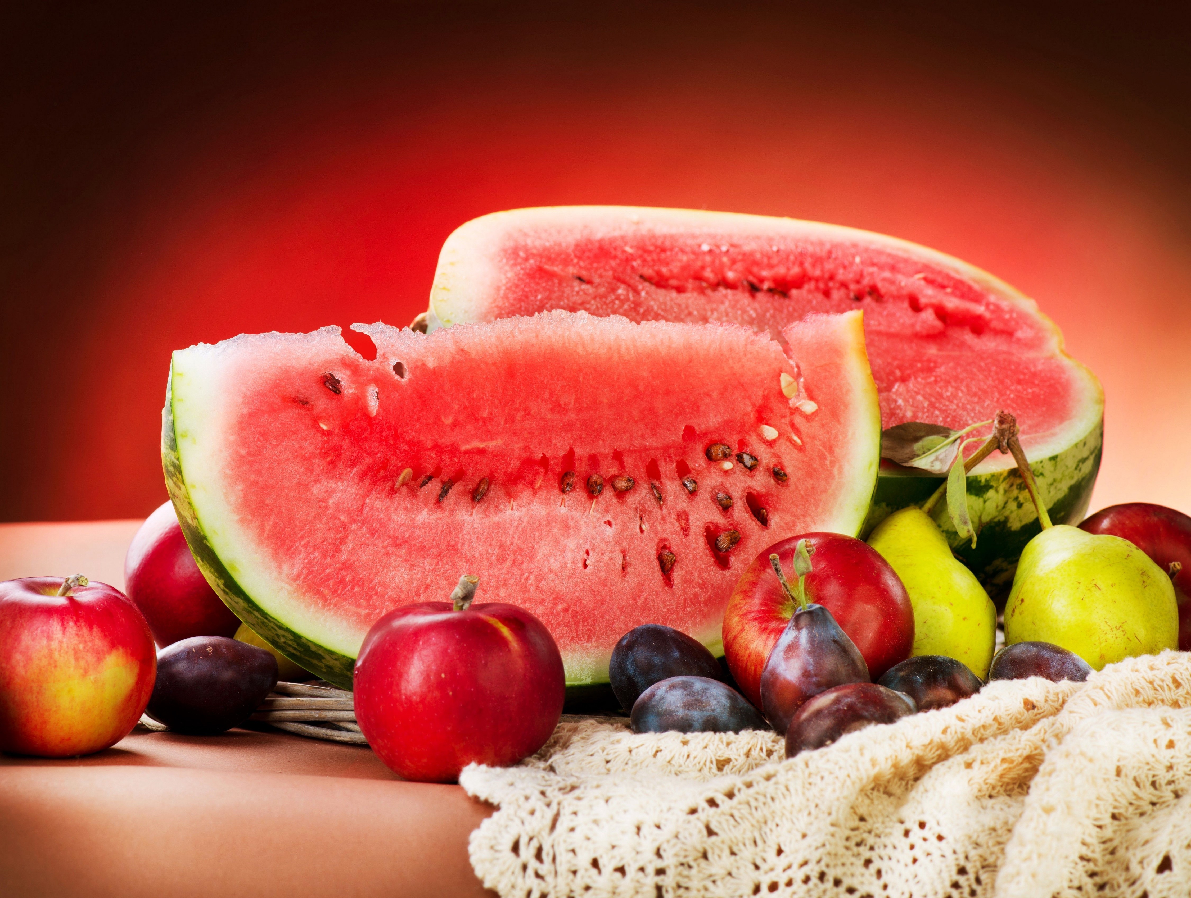 4K Fruit: Watermelons, Apples, Pears, and Plums HD Wallpaper