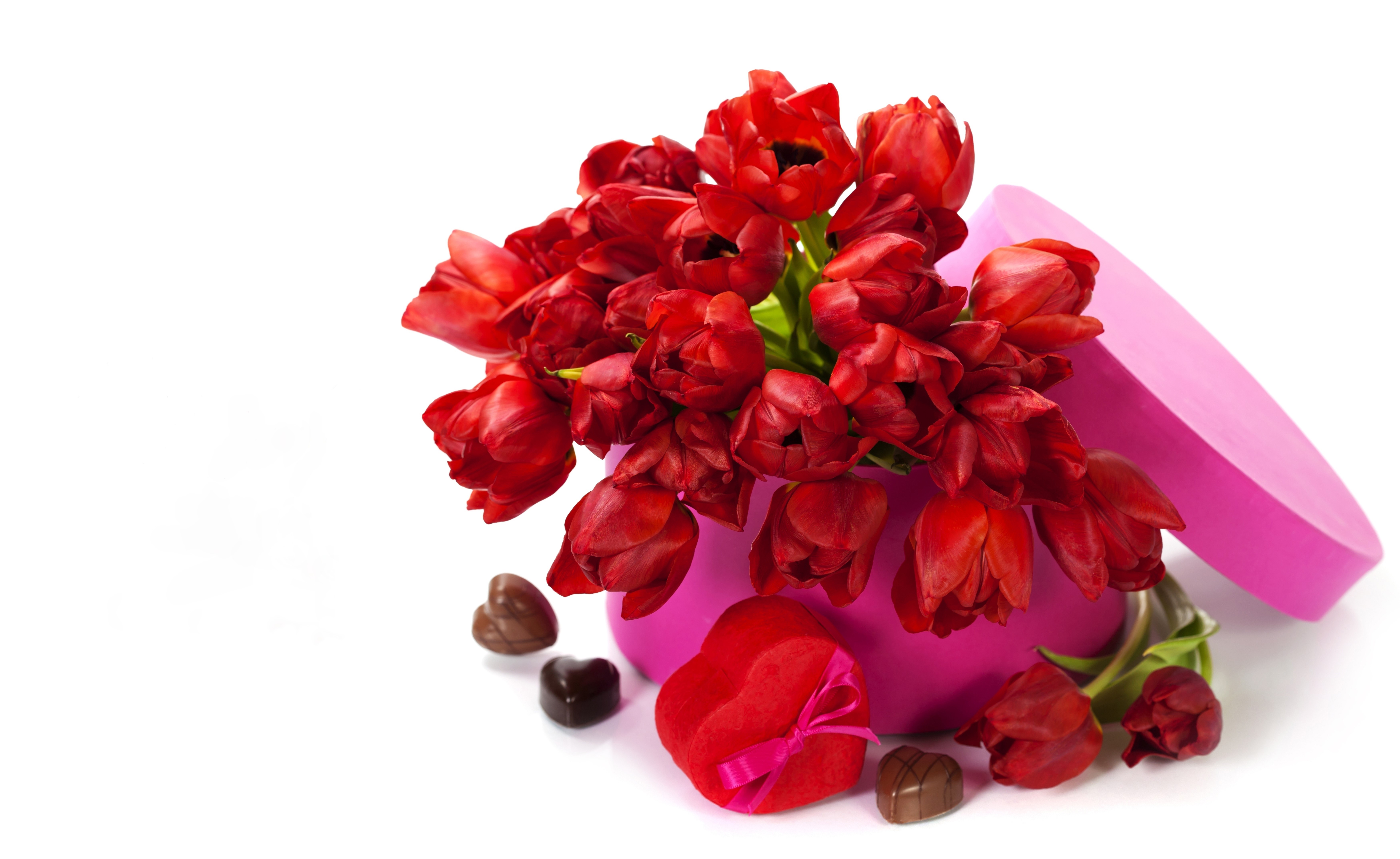 Red Tulips in a Pink Heart Box with Chocolates HD Wallpaper