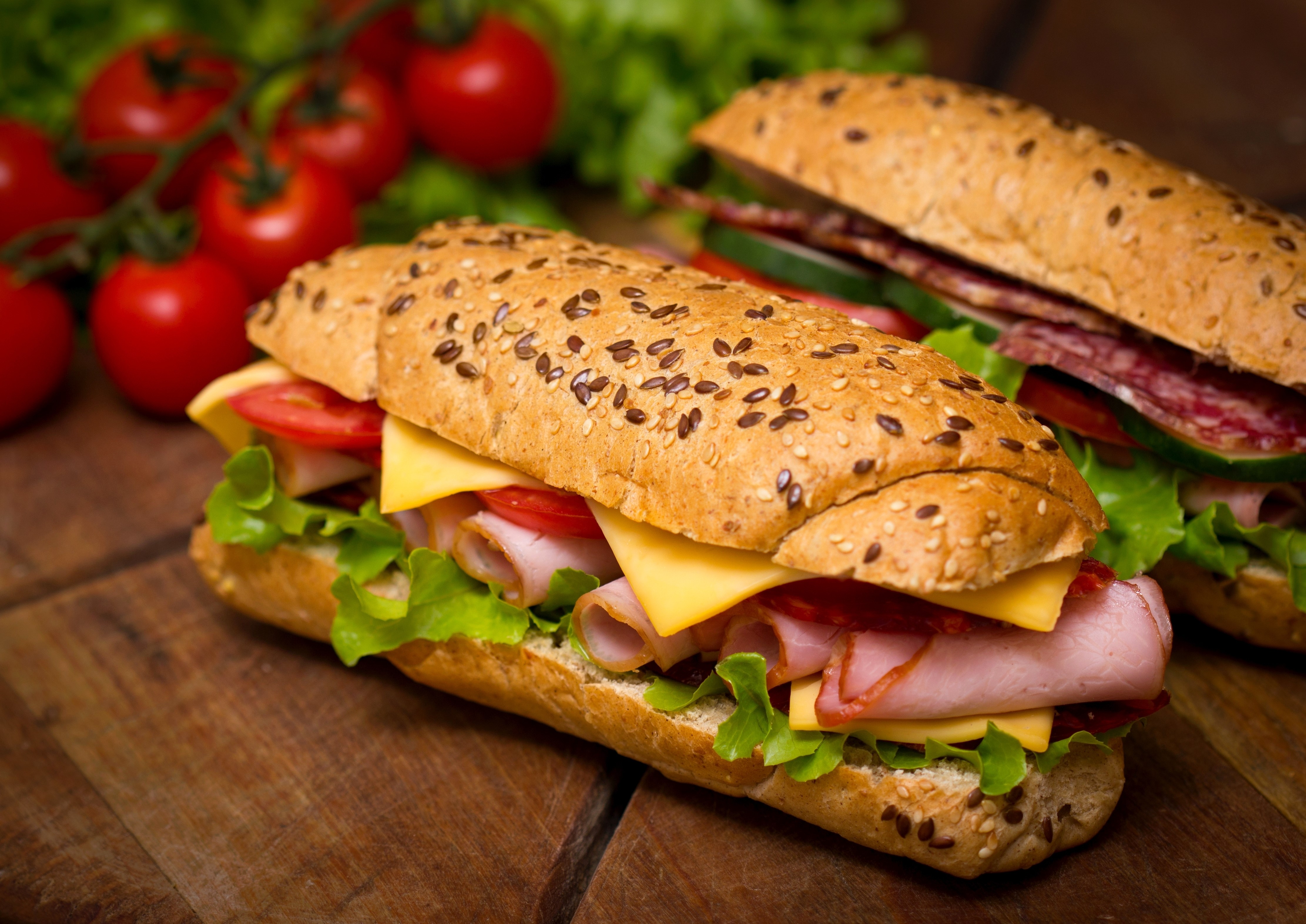 Sandwiches with ham, cheese, lettuce, tomato, and salami HD Wallpaper
