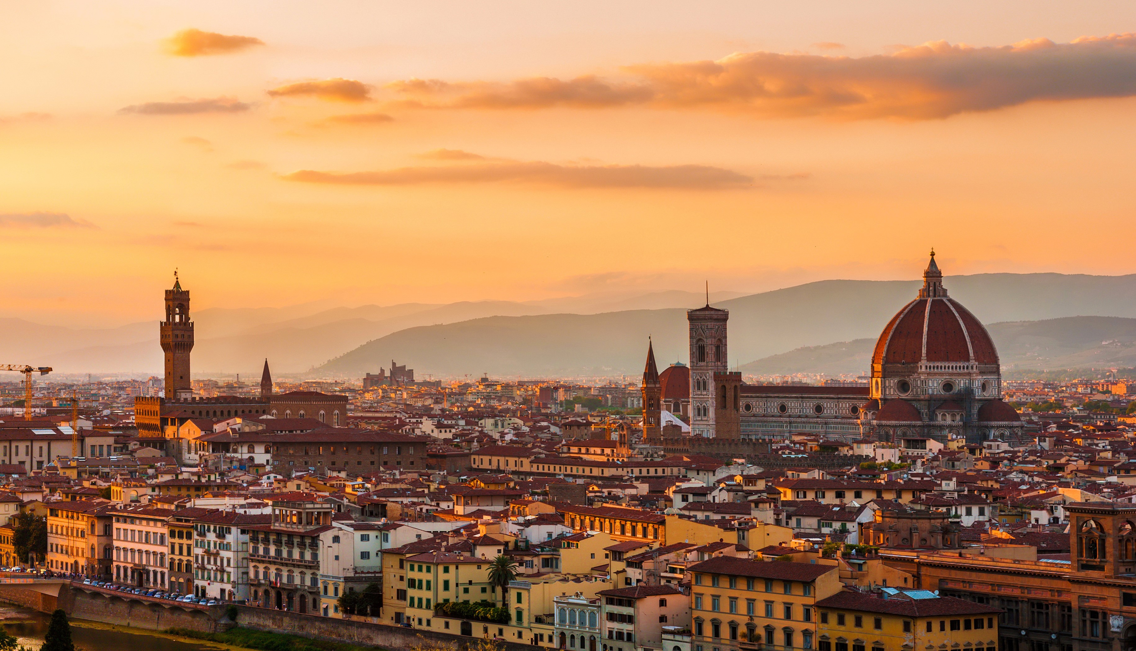 Florence cityscape with Duomo and Palazzo Vecchio at sunset HD Wallpaper