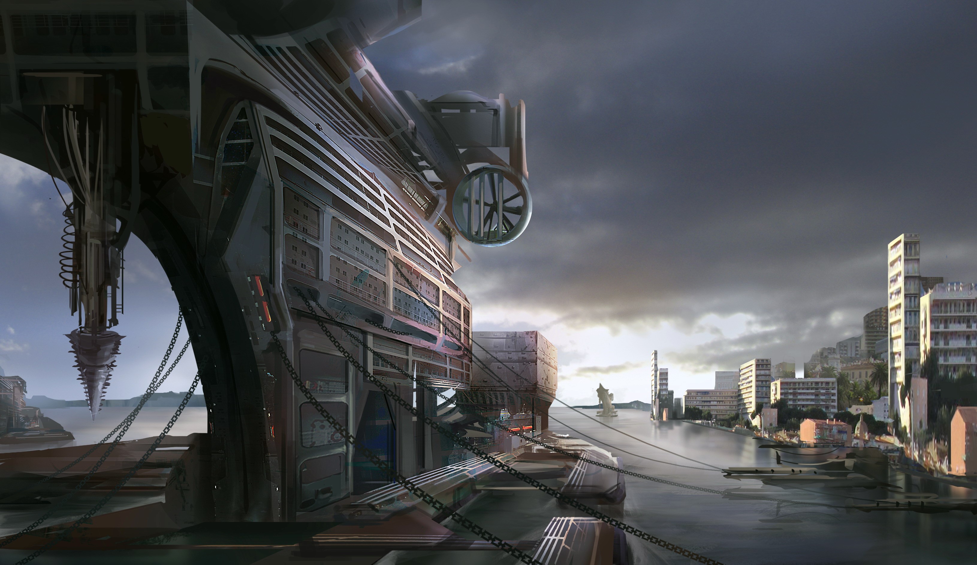 Futuristic industrial port with a city skyline HD Wallpaper
