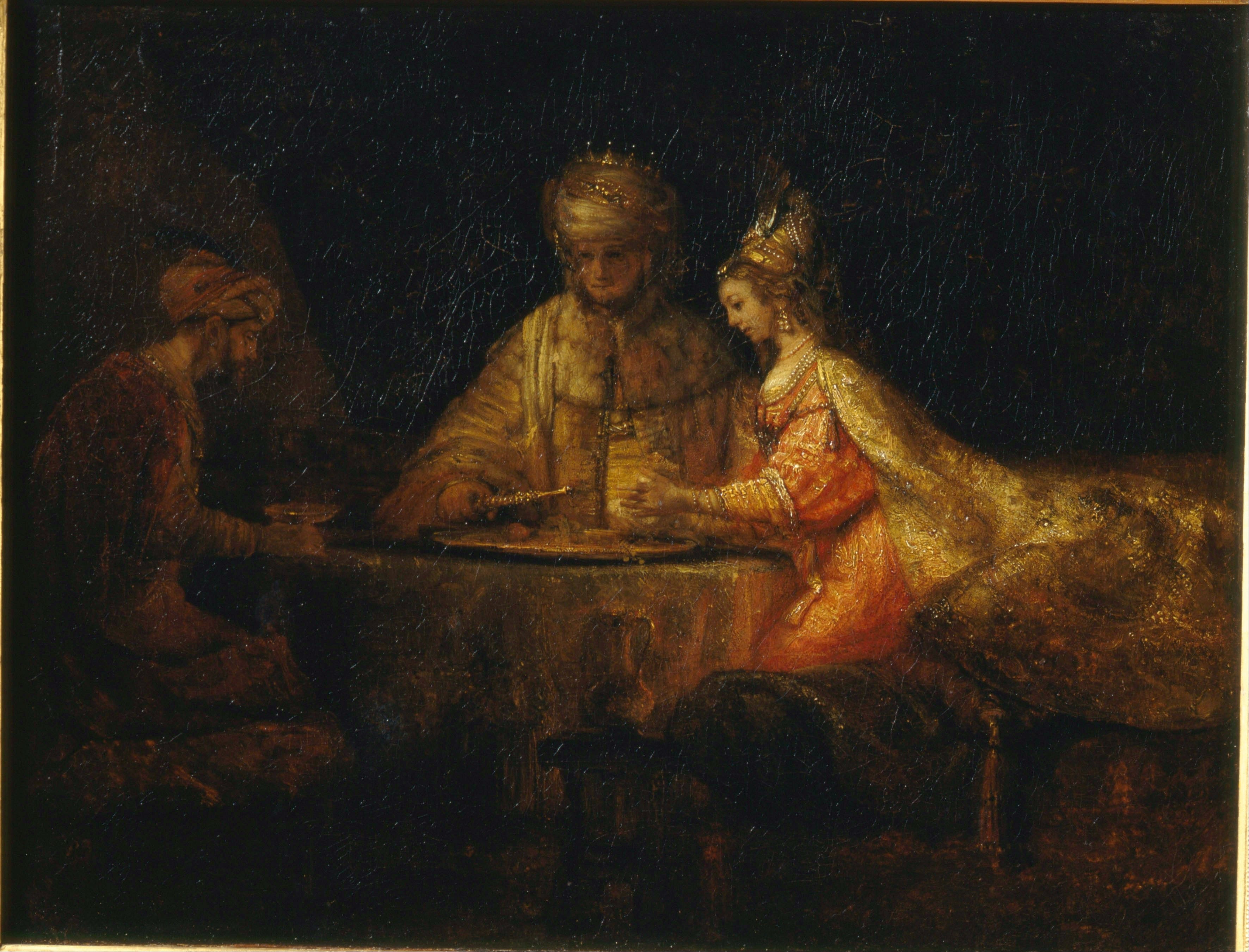 Ahasuerus, Haman and Esther by Rembrandt Harmenszoon van Rijn HD Wallpaper