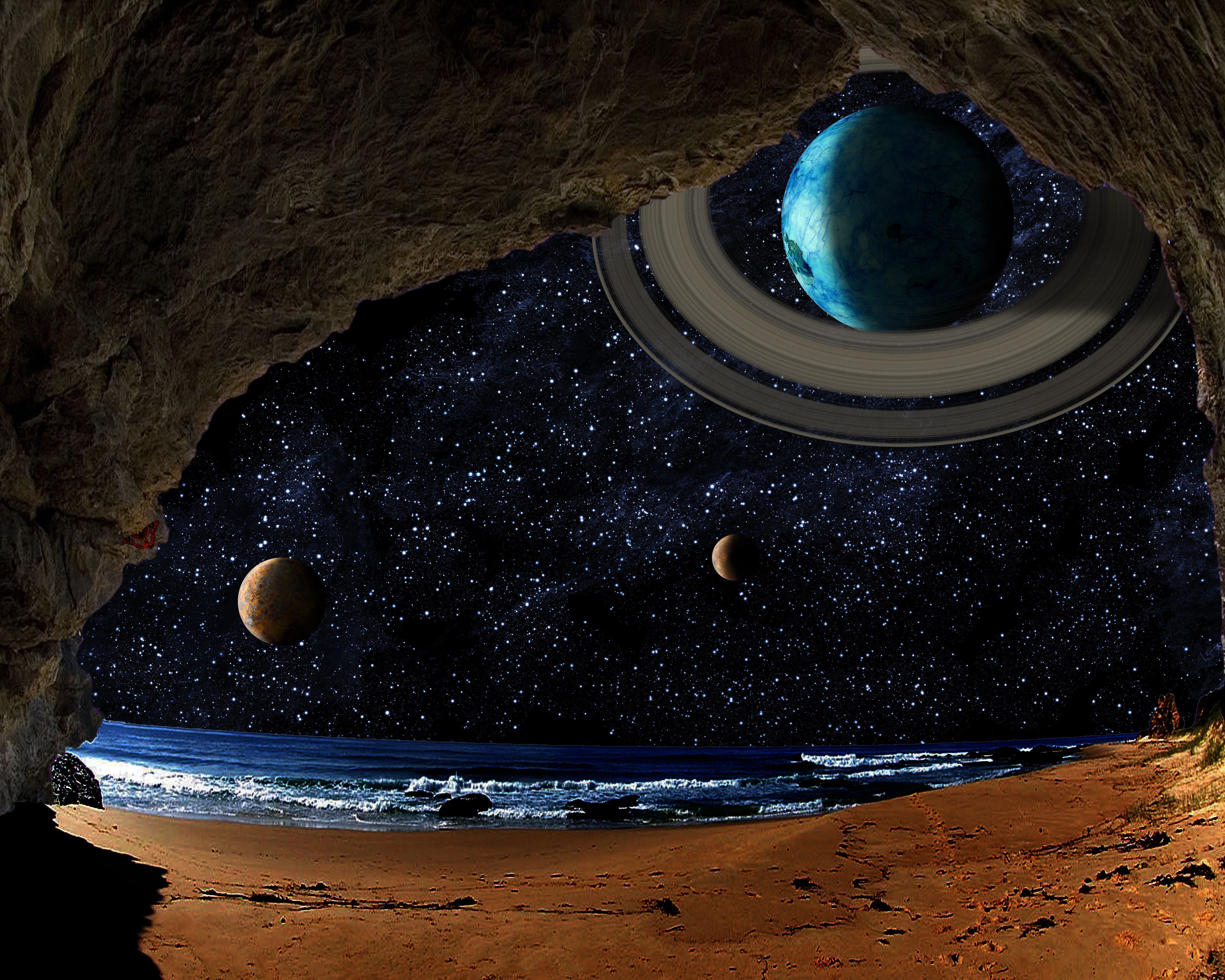 Cave overlooking beach with planets and stars HD Wallpaper