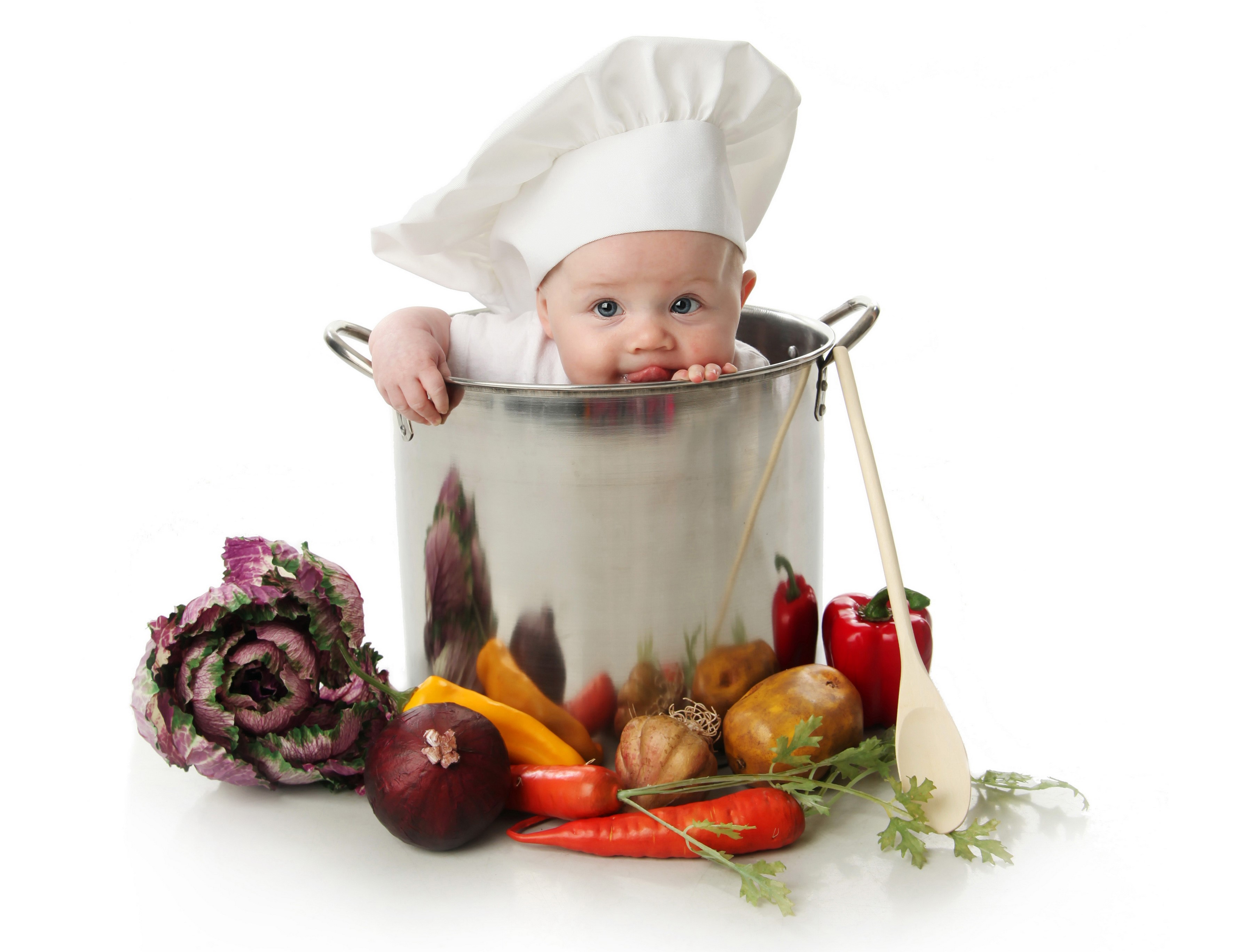 Baby Chef in a Pot with Vegetables HD Wallpaper