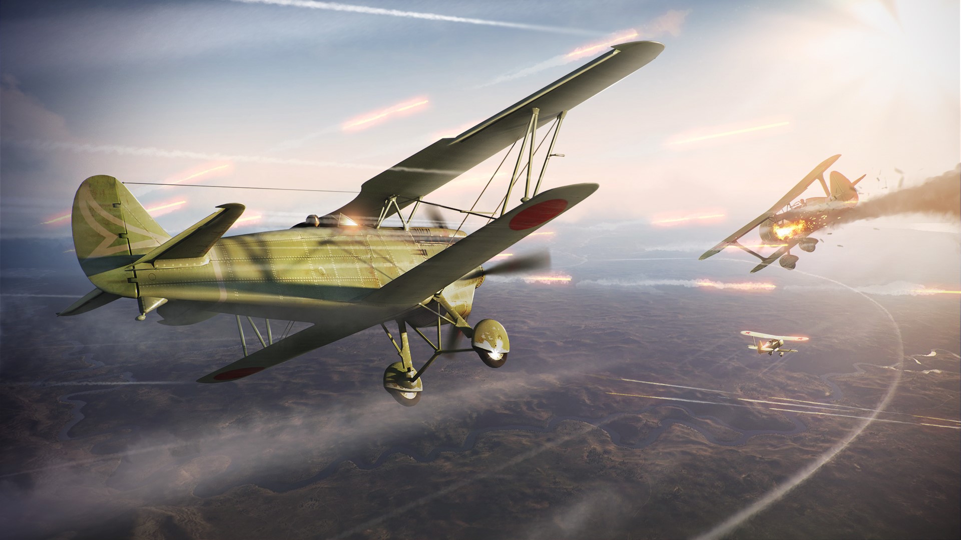 Biplanes in aerial combat over a landscape HD Wallpaper