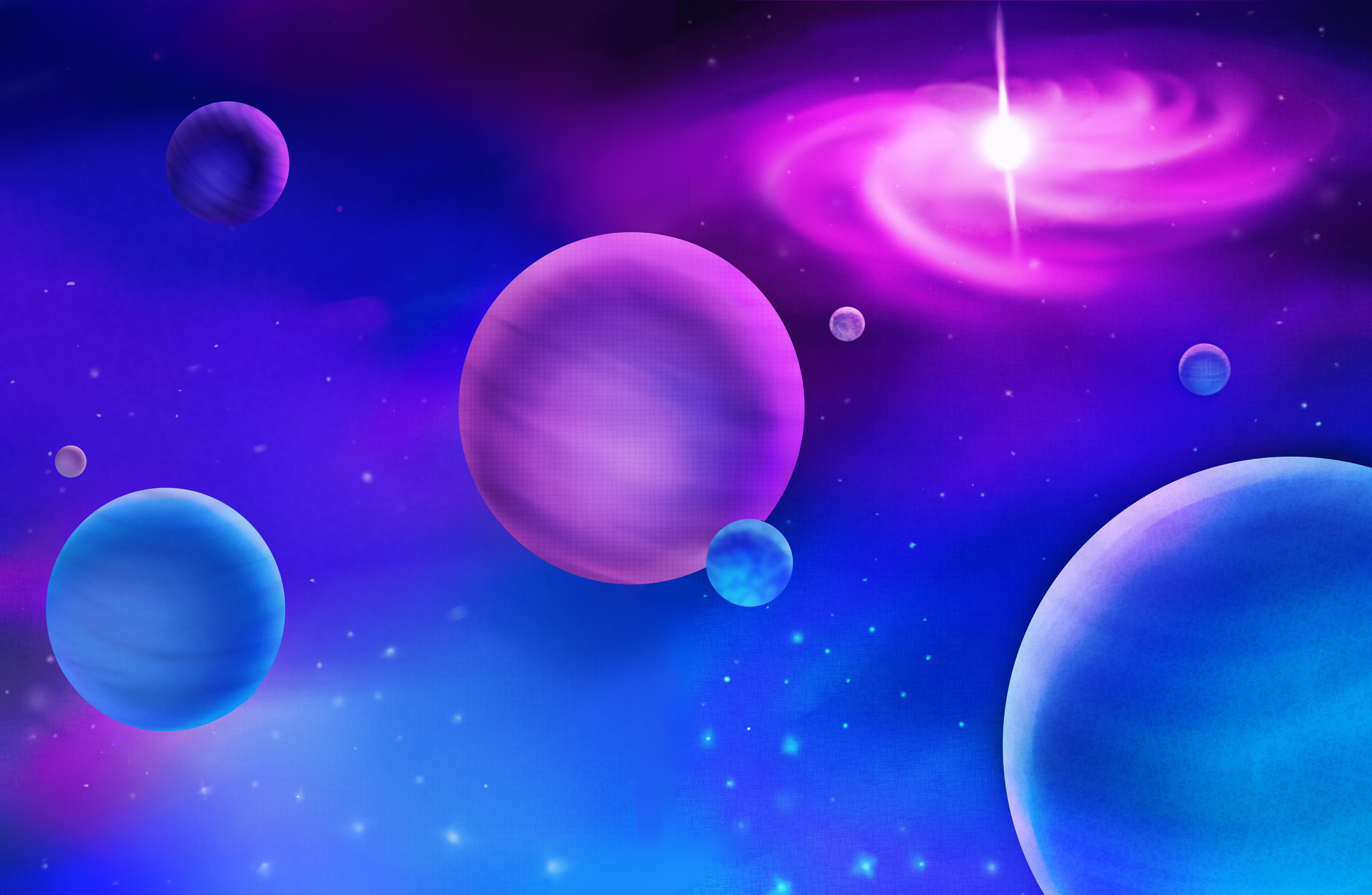Planets in a purple and blue galaxy HD Wallpaper