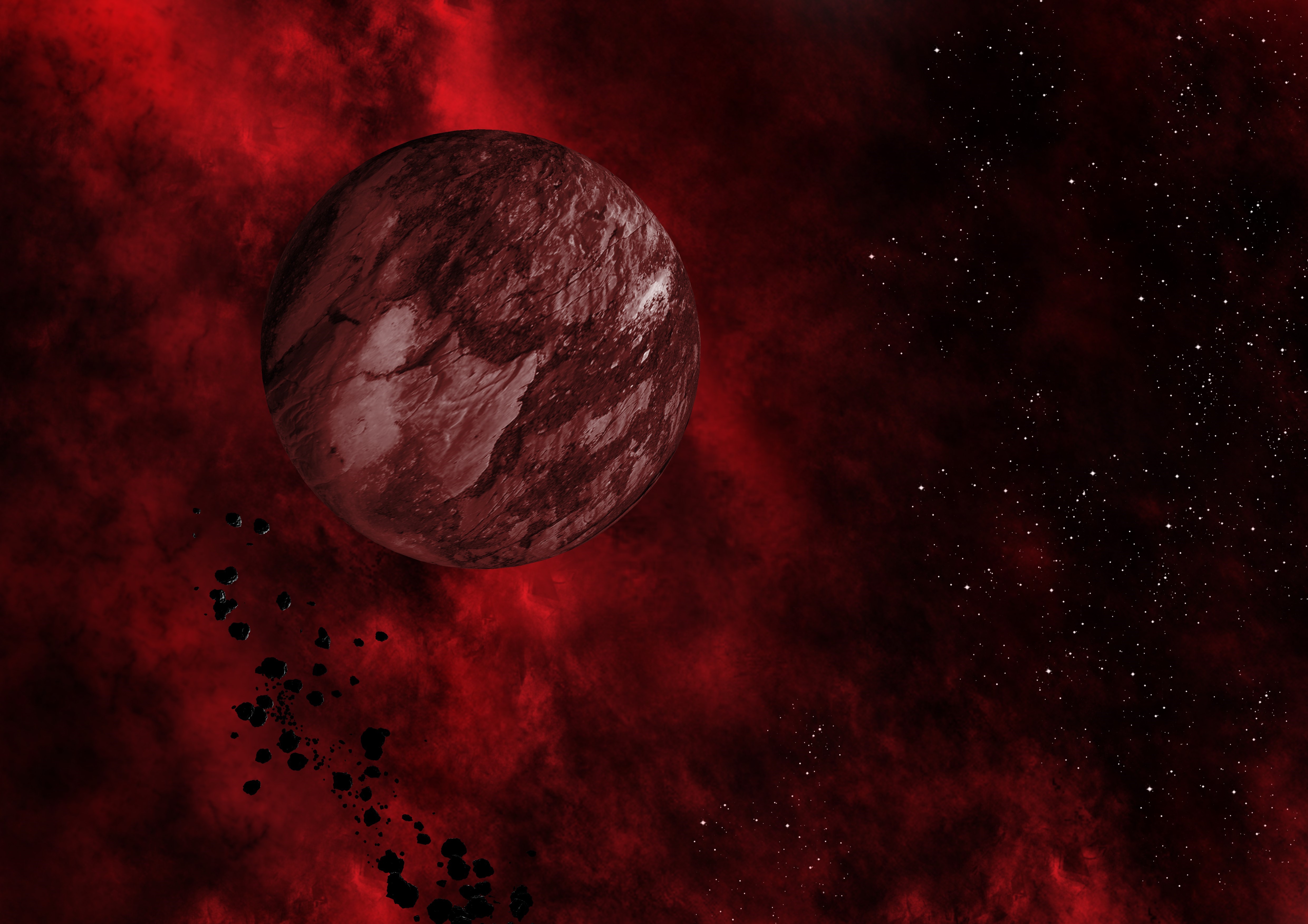 Planet with asteroids in red nebula HD Wallpaper