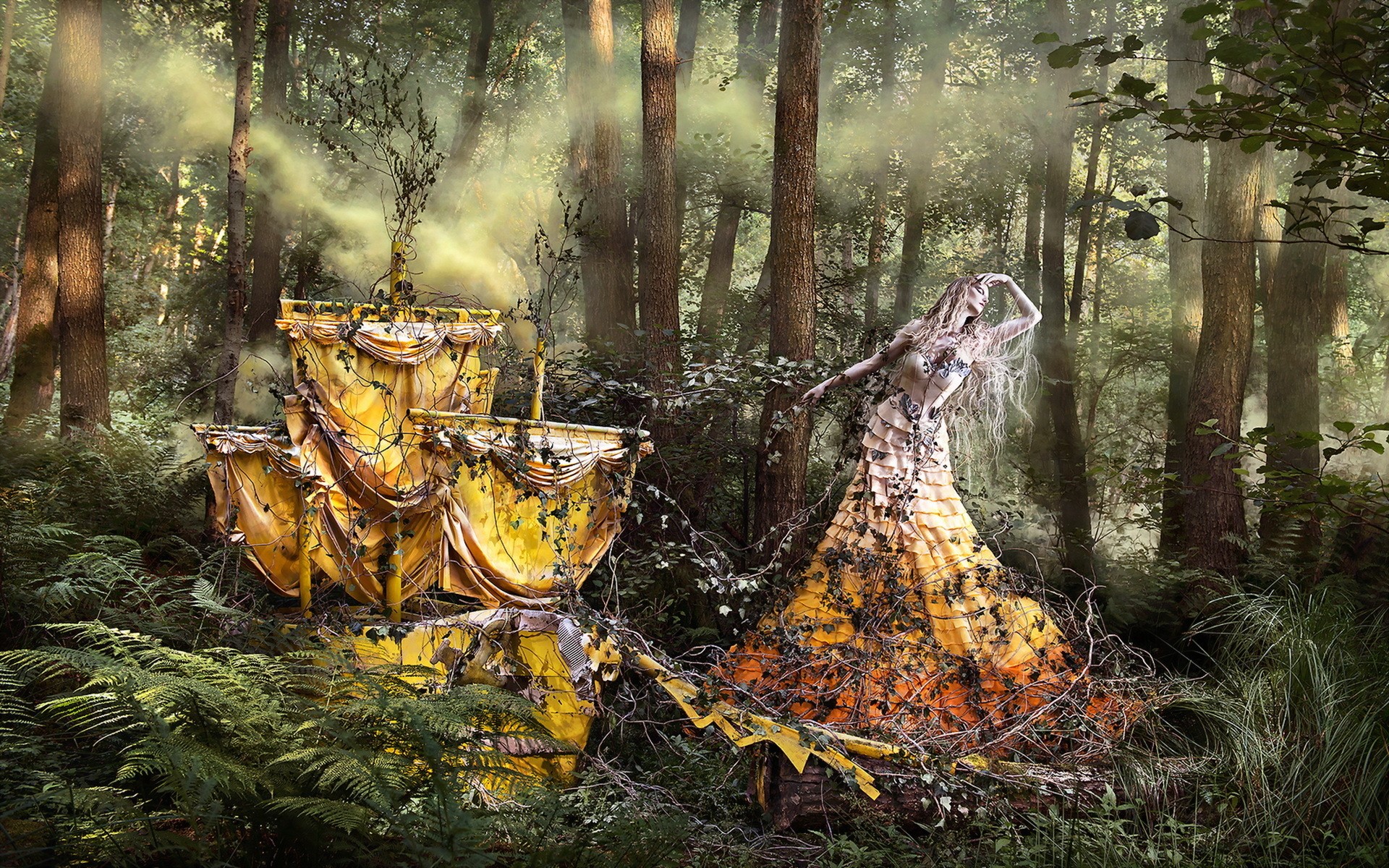 Kirsty Mitchell's creative forest scene with a woman and ship HD Wallpaper