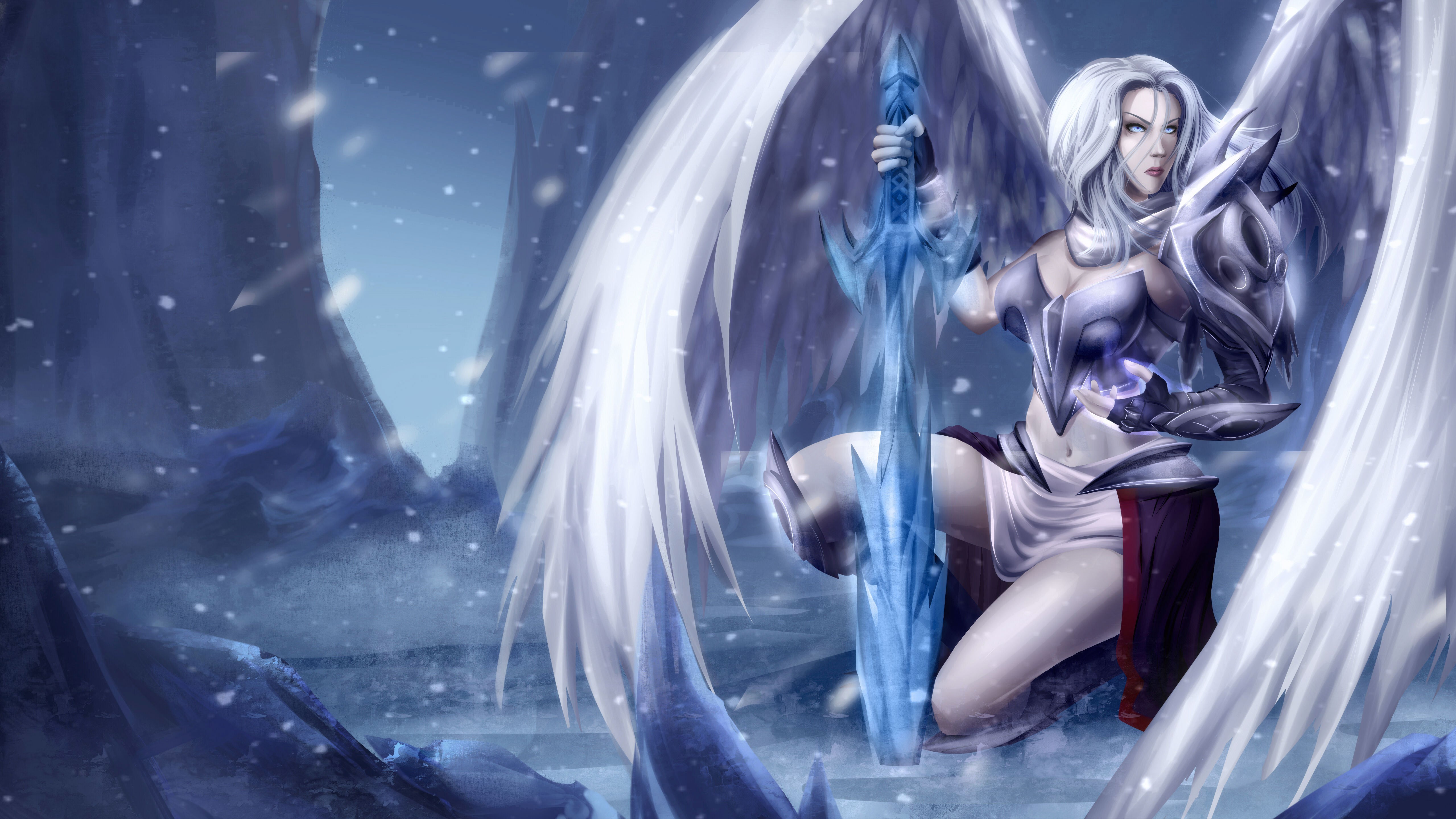 Angel with a sword in a snowy landscape HD Wallpaper