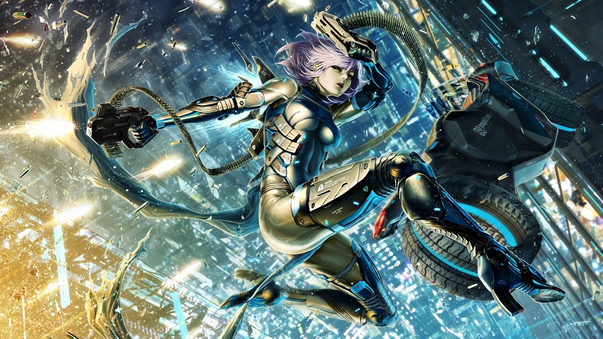 Cyberpunk warrior with guns in futuristic city HD Wallpaper