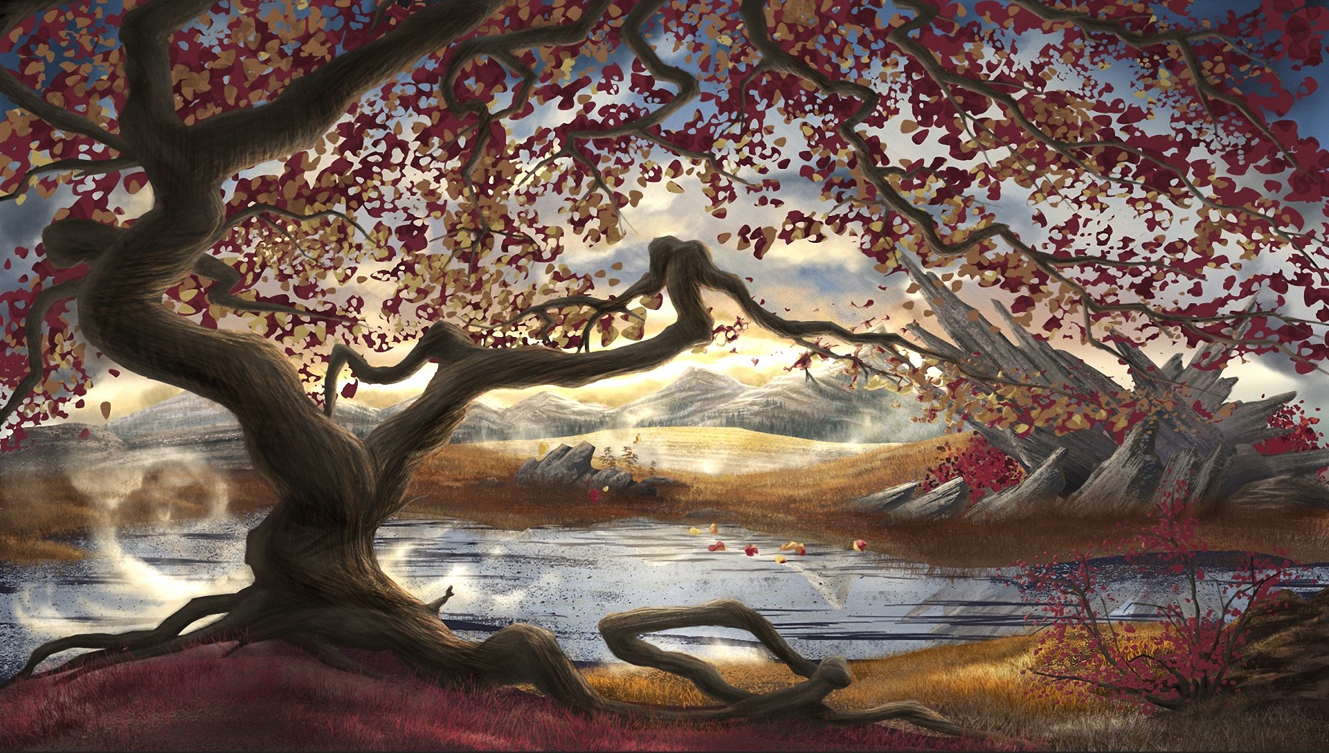 Painting of a gnarled tree with red leaves by a lake HD Wallpaper