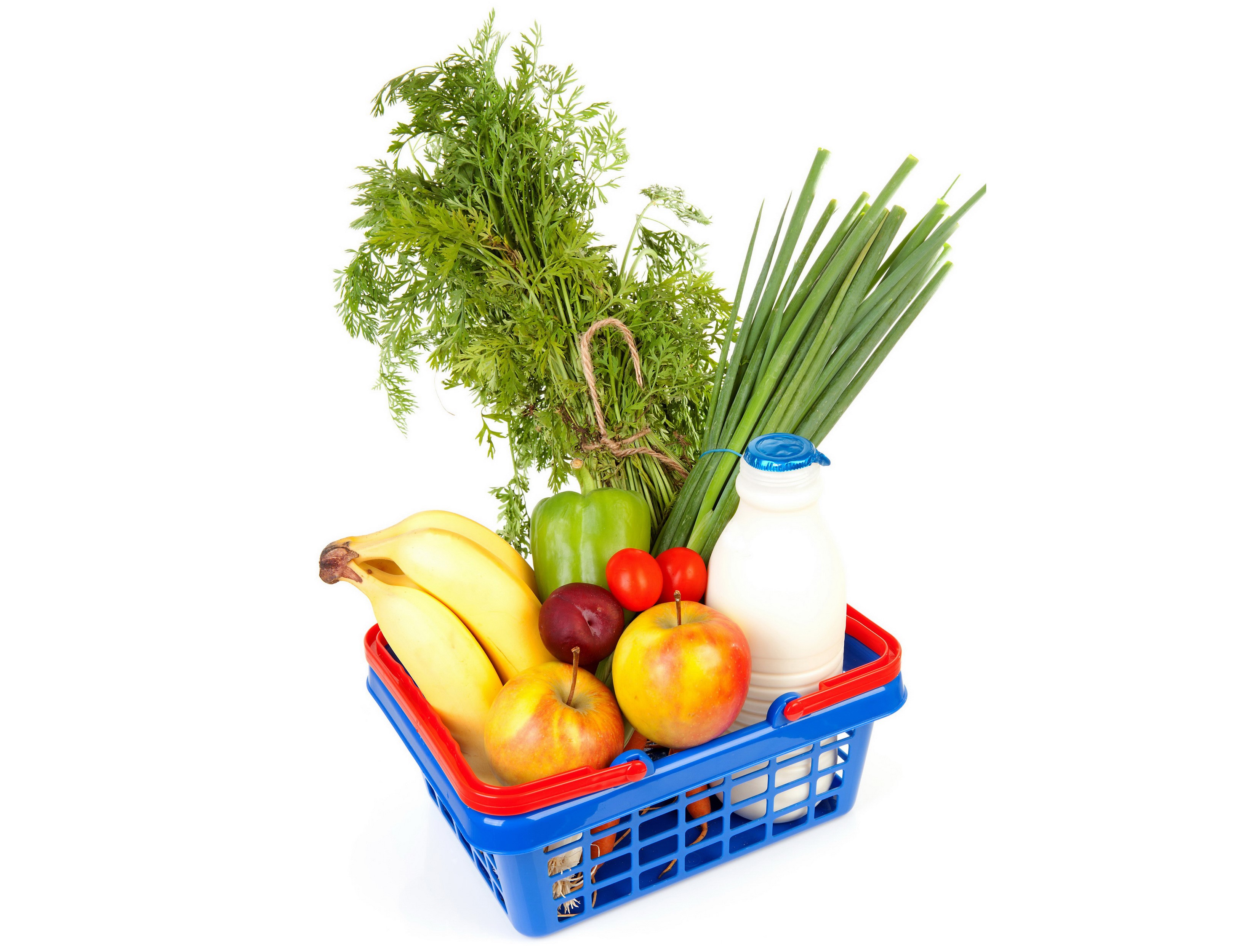Grocery basket with milk, fruits, and vegetables HD Wallpaper