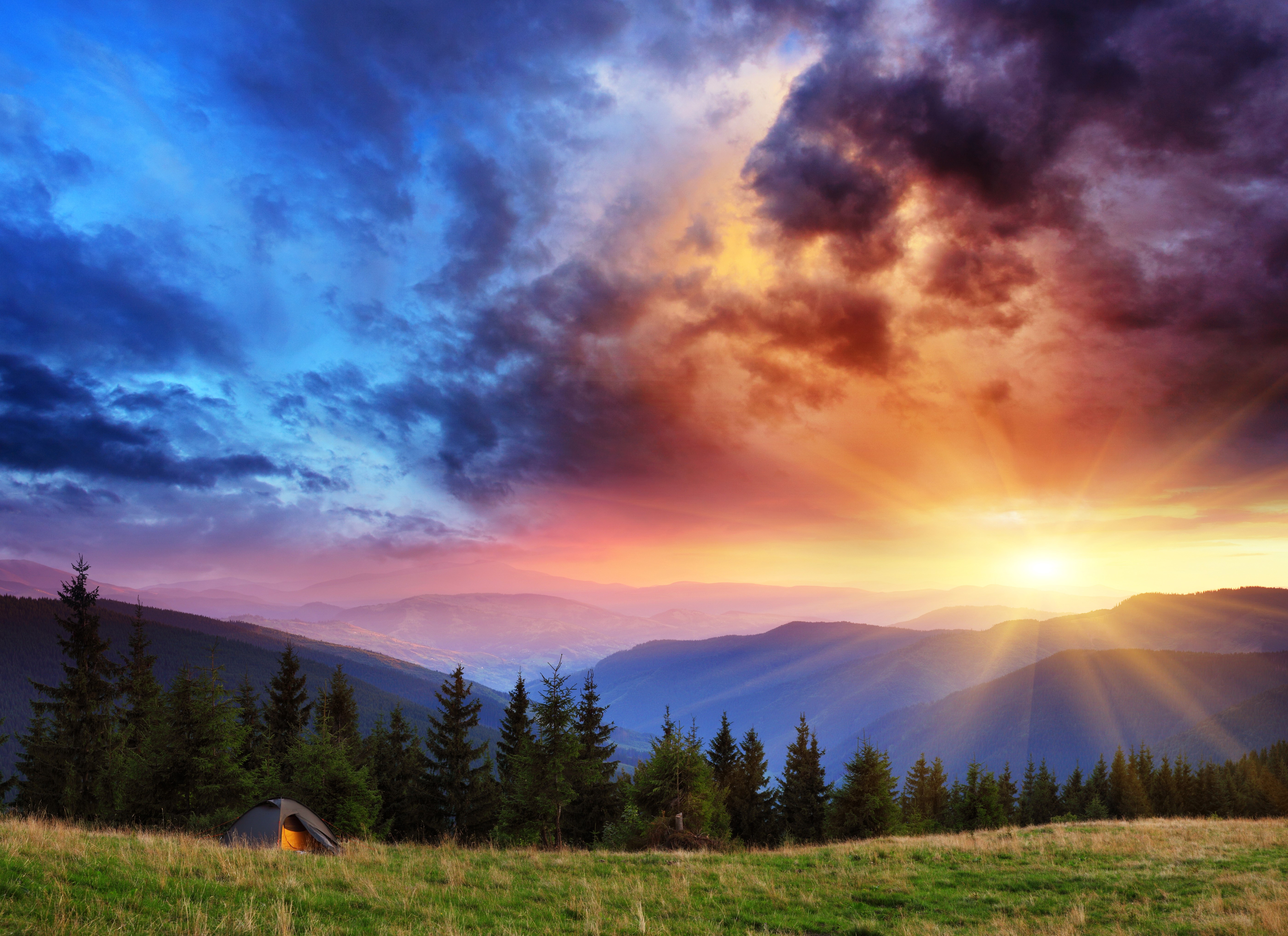 Mountain landscape with tent at sunrise HD Wallpaper