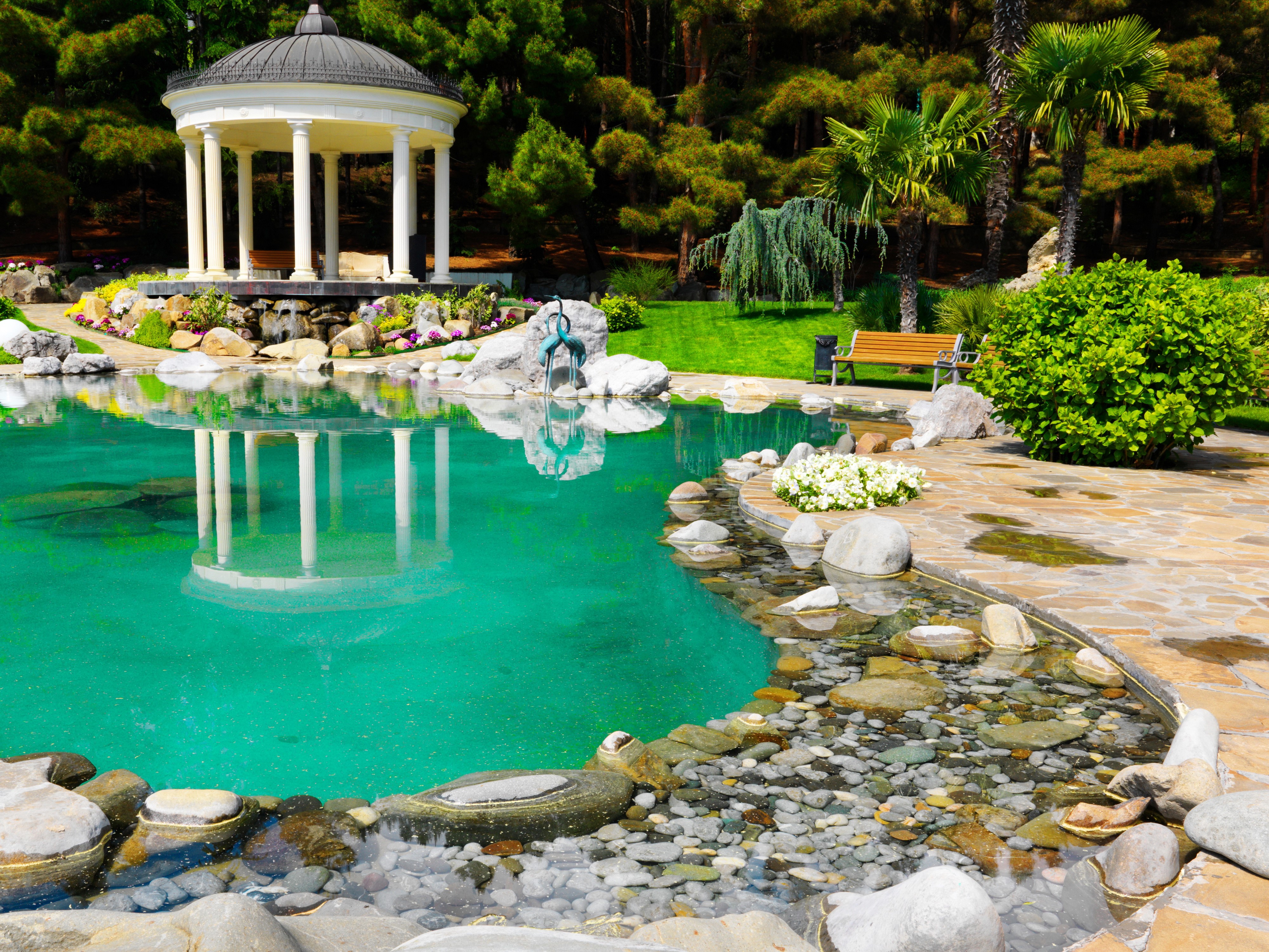 Park with a pond and a gazebo HD Wallpaper