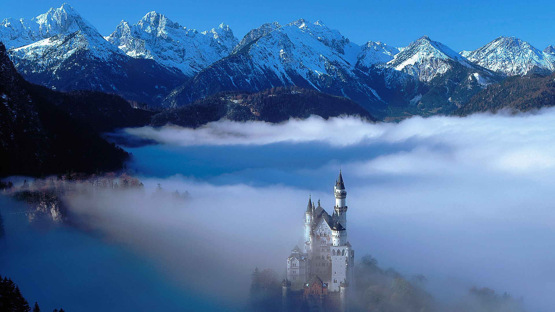 Neuschwanstein Castle in the Alps with Fog HD Wallpaper