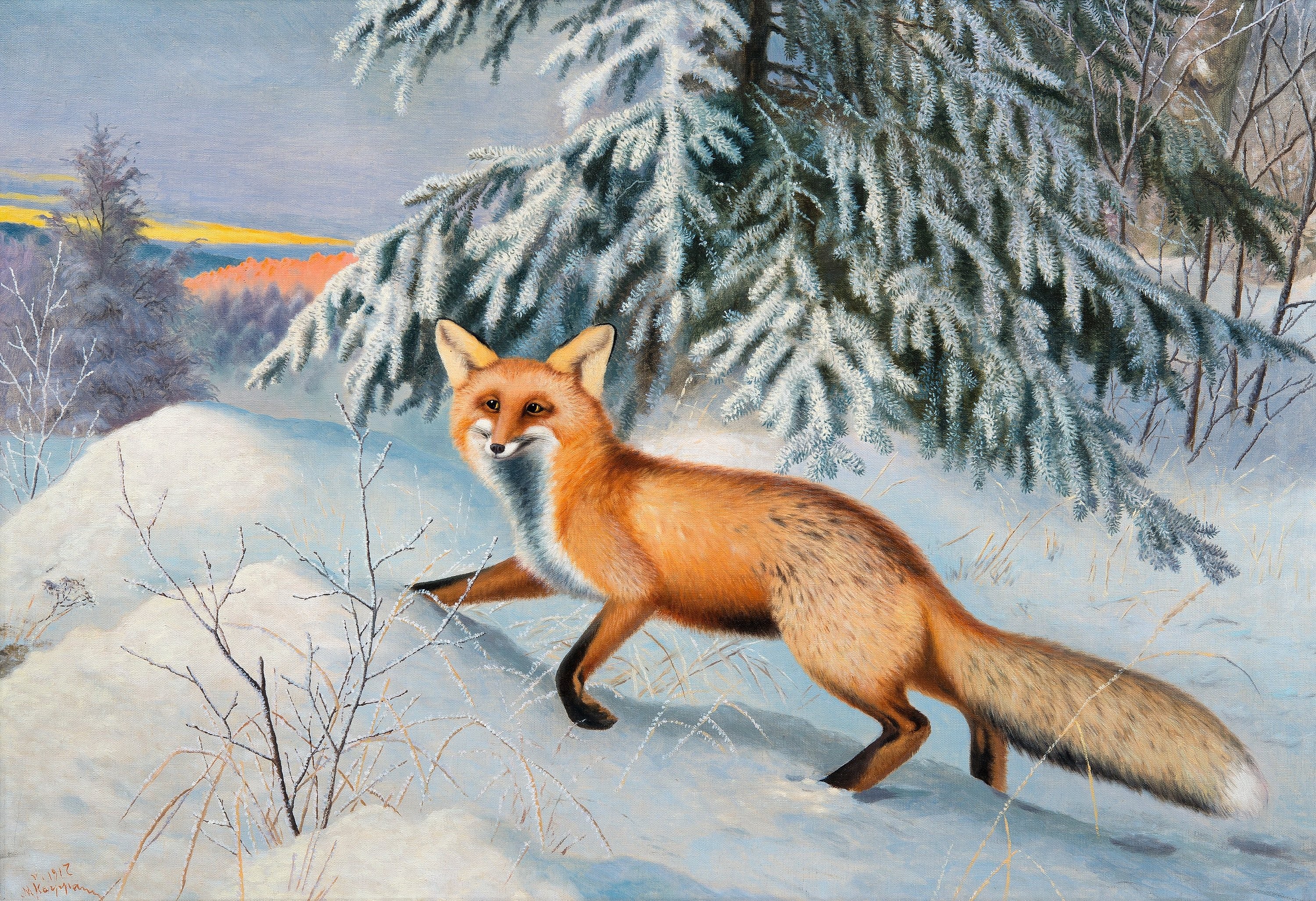 Fox in a Snowy Forest Painting HD Wallpaper