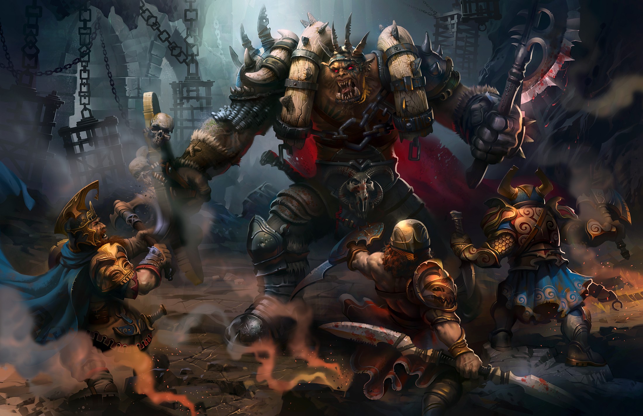 Orc warrior battles armored warriors in a dungeon HD Wallpaper