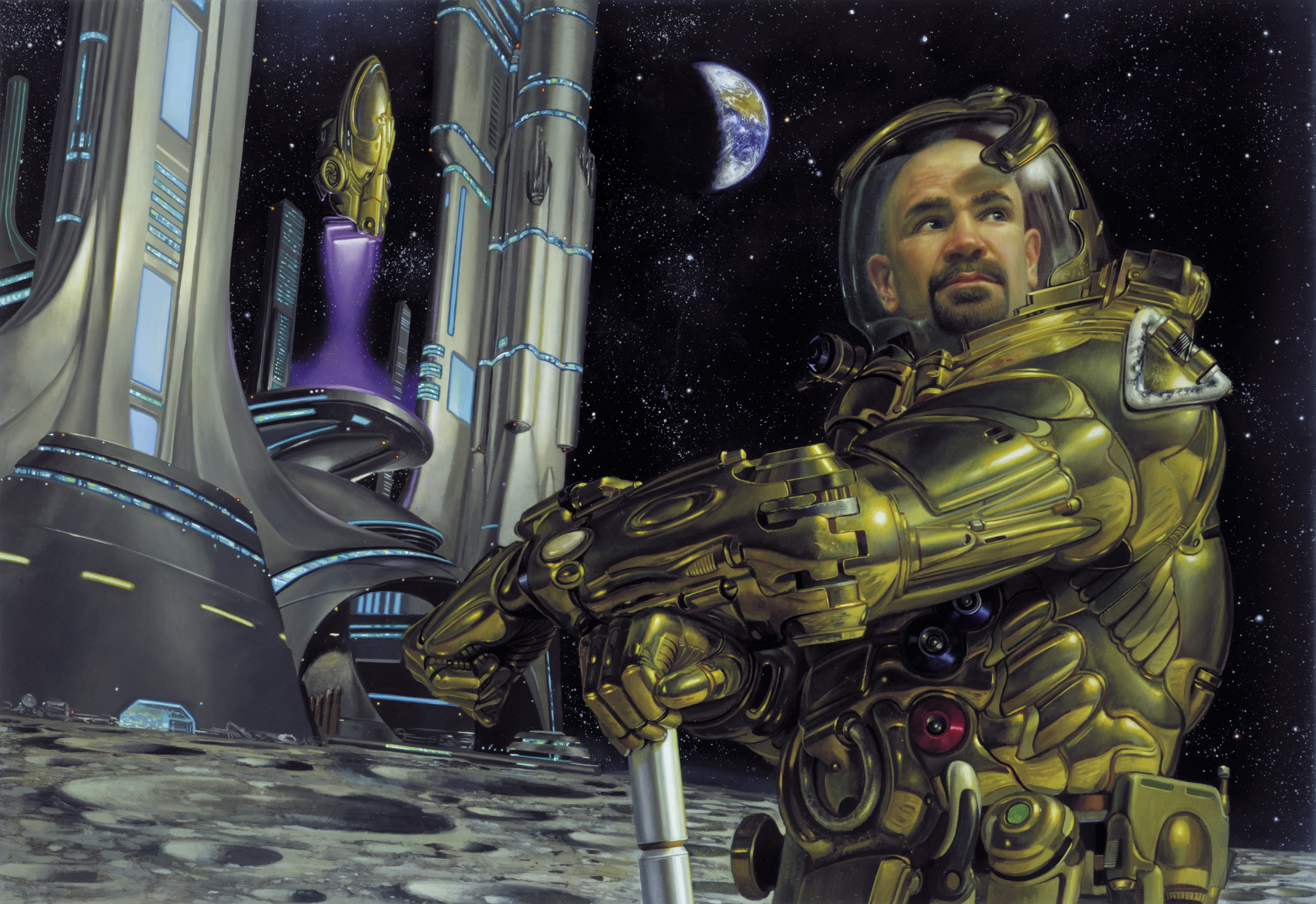 Astronaut in golden suit on moon with futuristic city and Earth HD Wallpaper