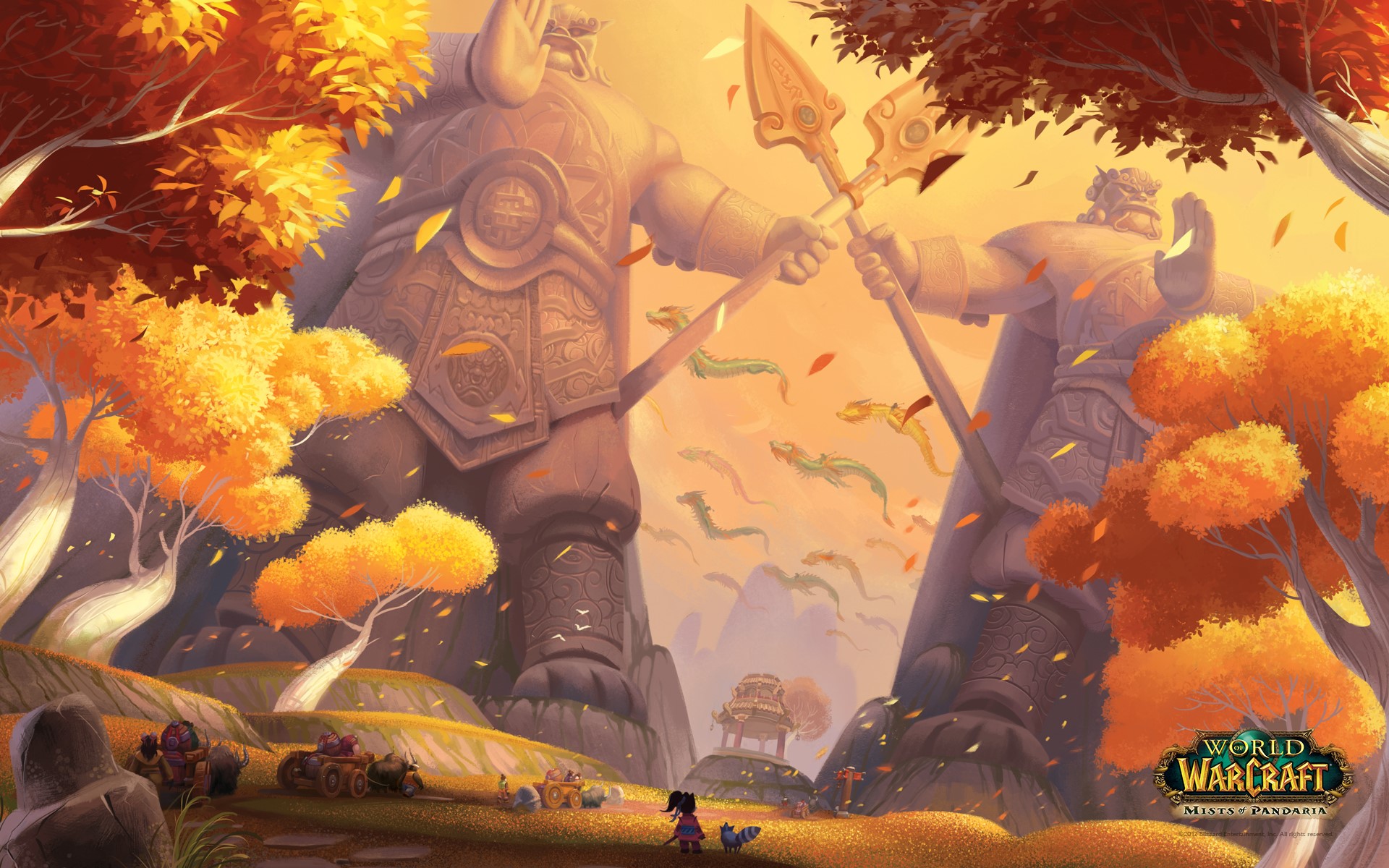World of Warcraft: Mists of Pandaria statues and dragons HD Wallpaper