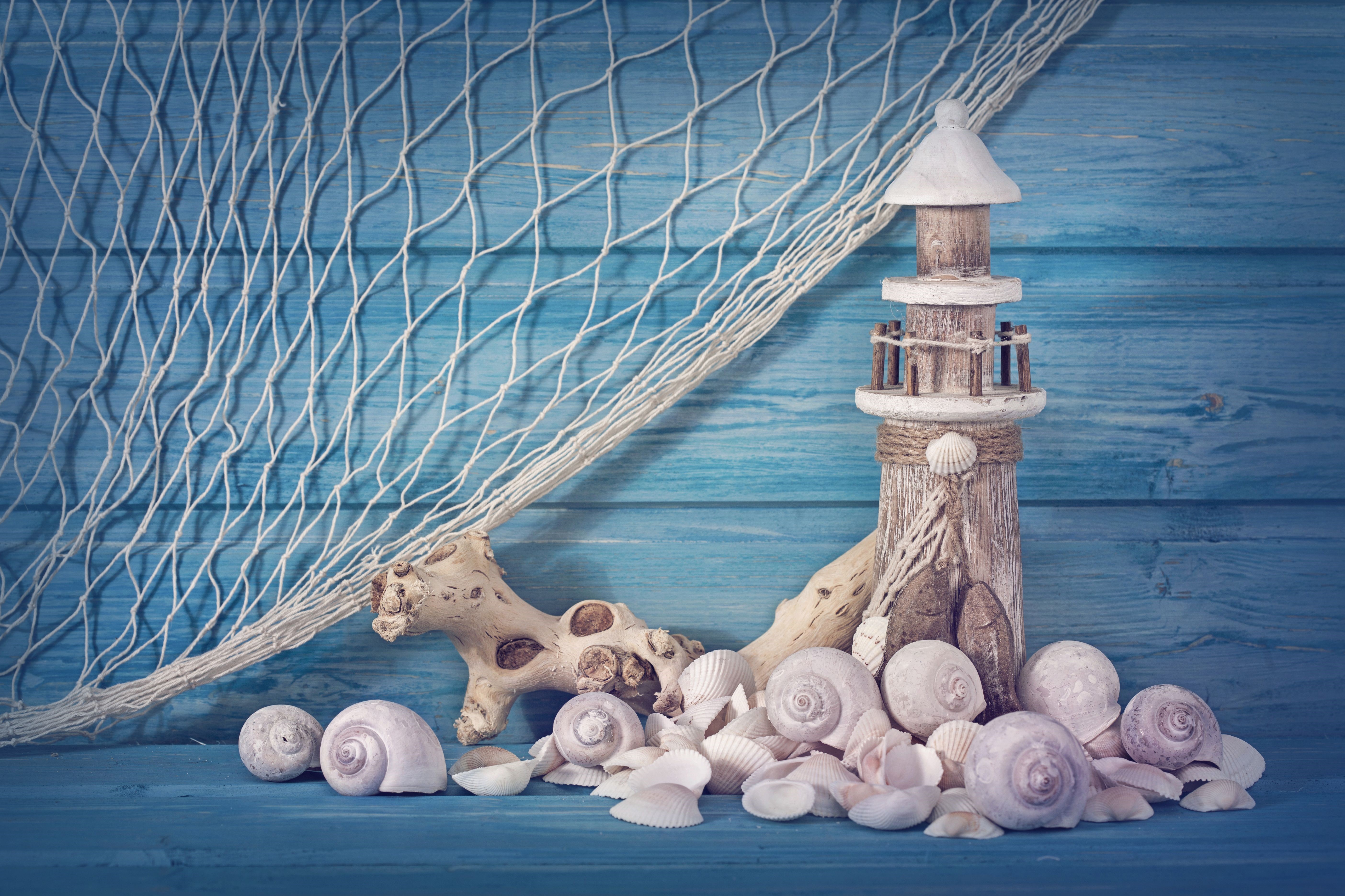 Seashells and lighthouse decoration on blue wooden background HD Wallpaper