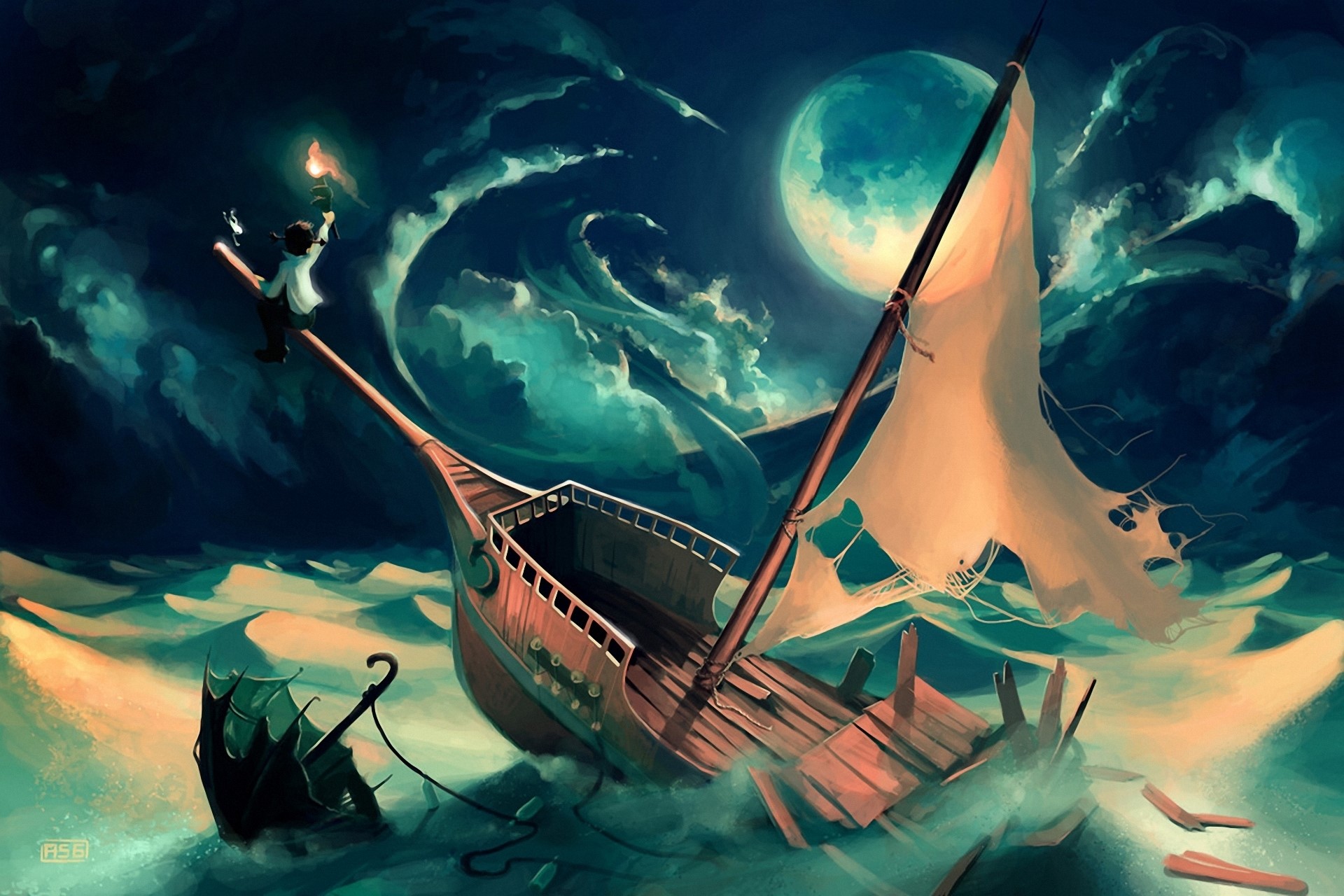 A person on a sinking ship holding a torch HD Wallpaper
