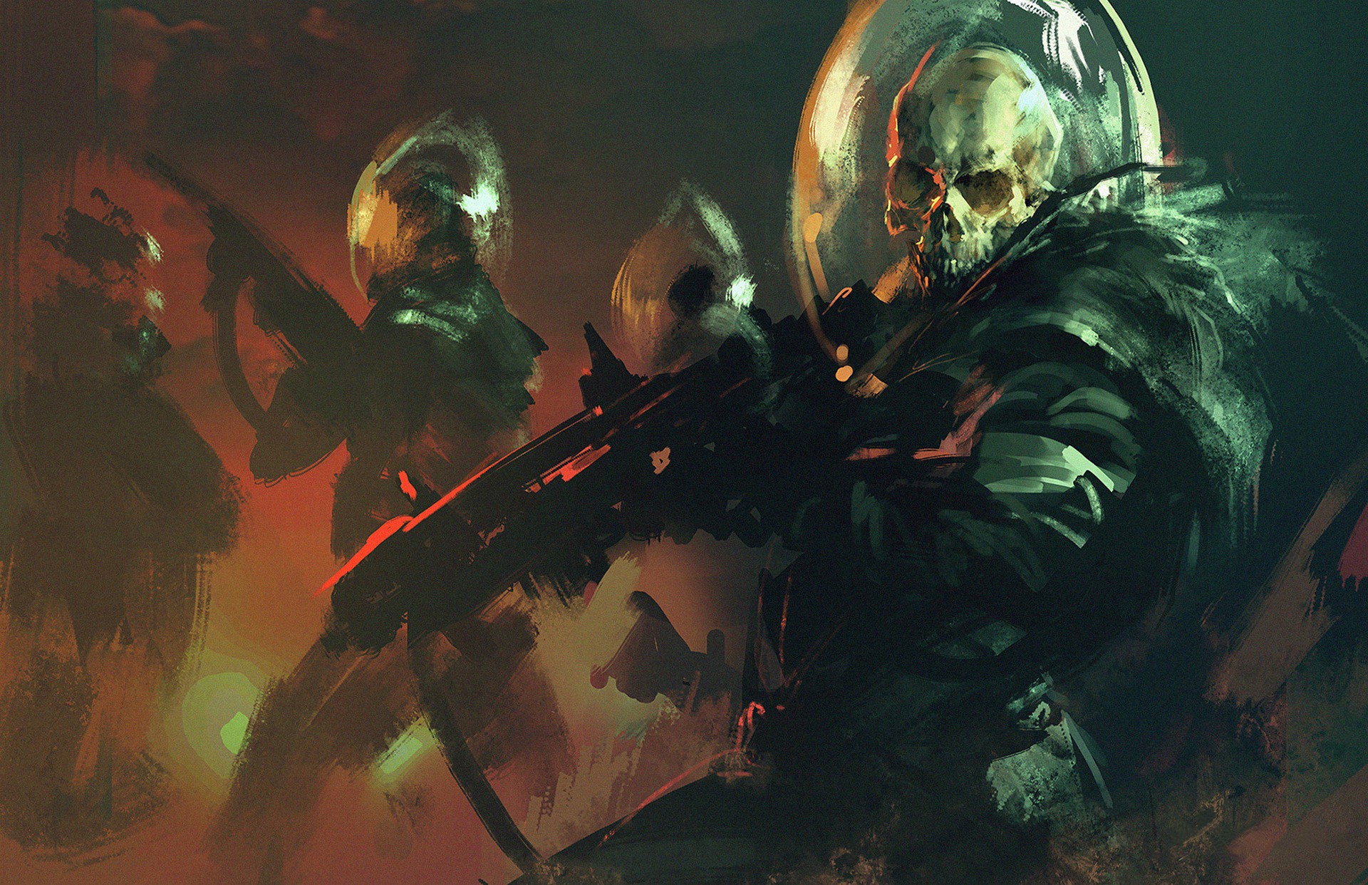 Skull-headed warriors with rifles in a dark setting HD Wallpaper