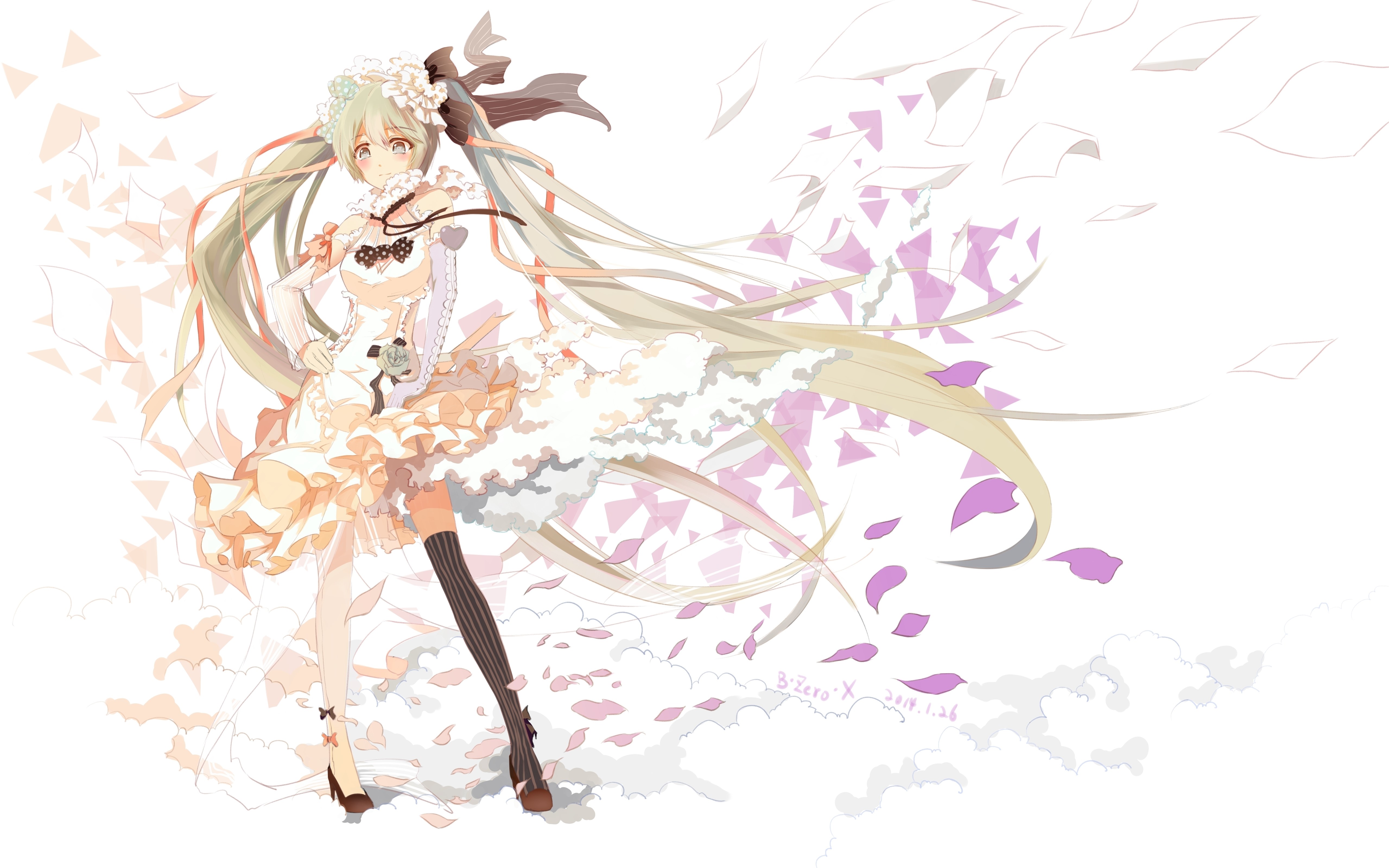 Hatsune Miku from Vocaloid in a white dress with petals HD Wallpaper