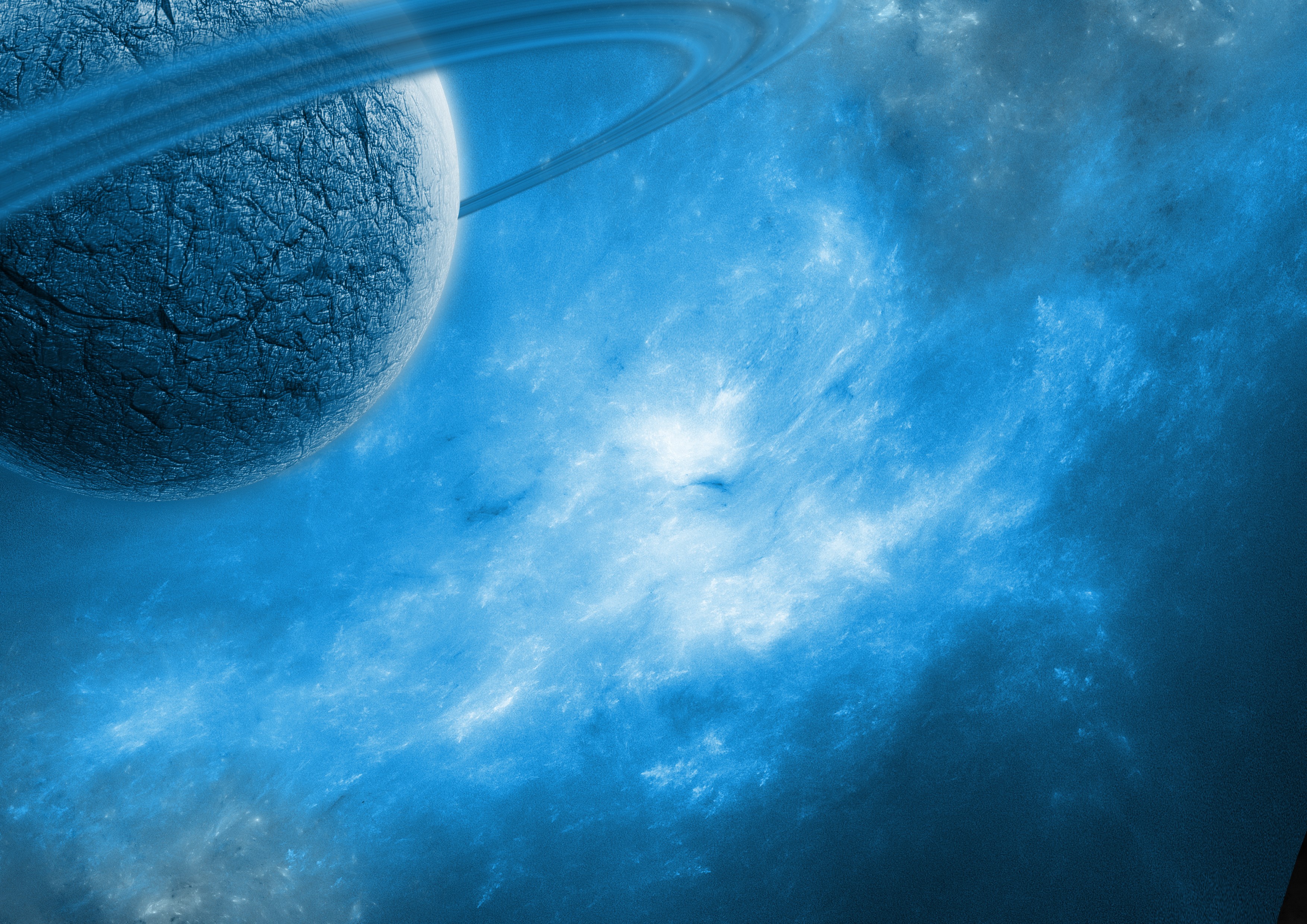 Planet with rings in blue nebula HD Wallpaper