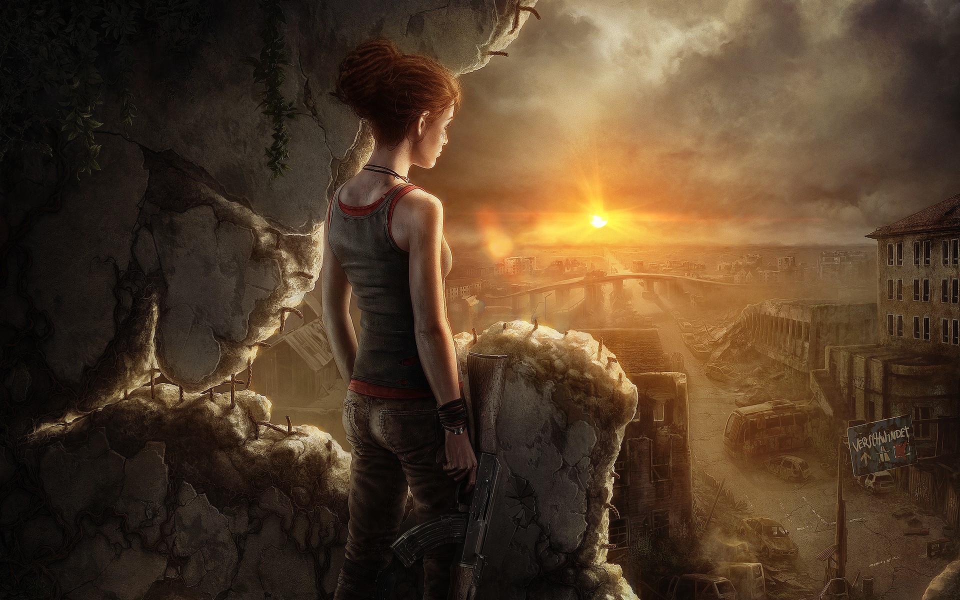 Redhead girl with rifle in post-apocalyptic city at sunset HD Wallpaper