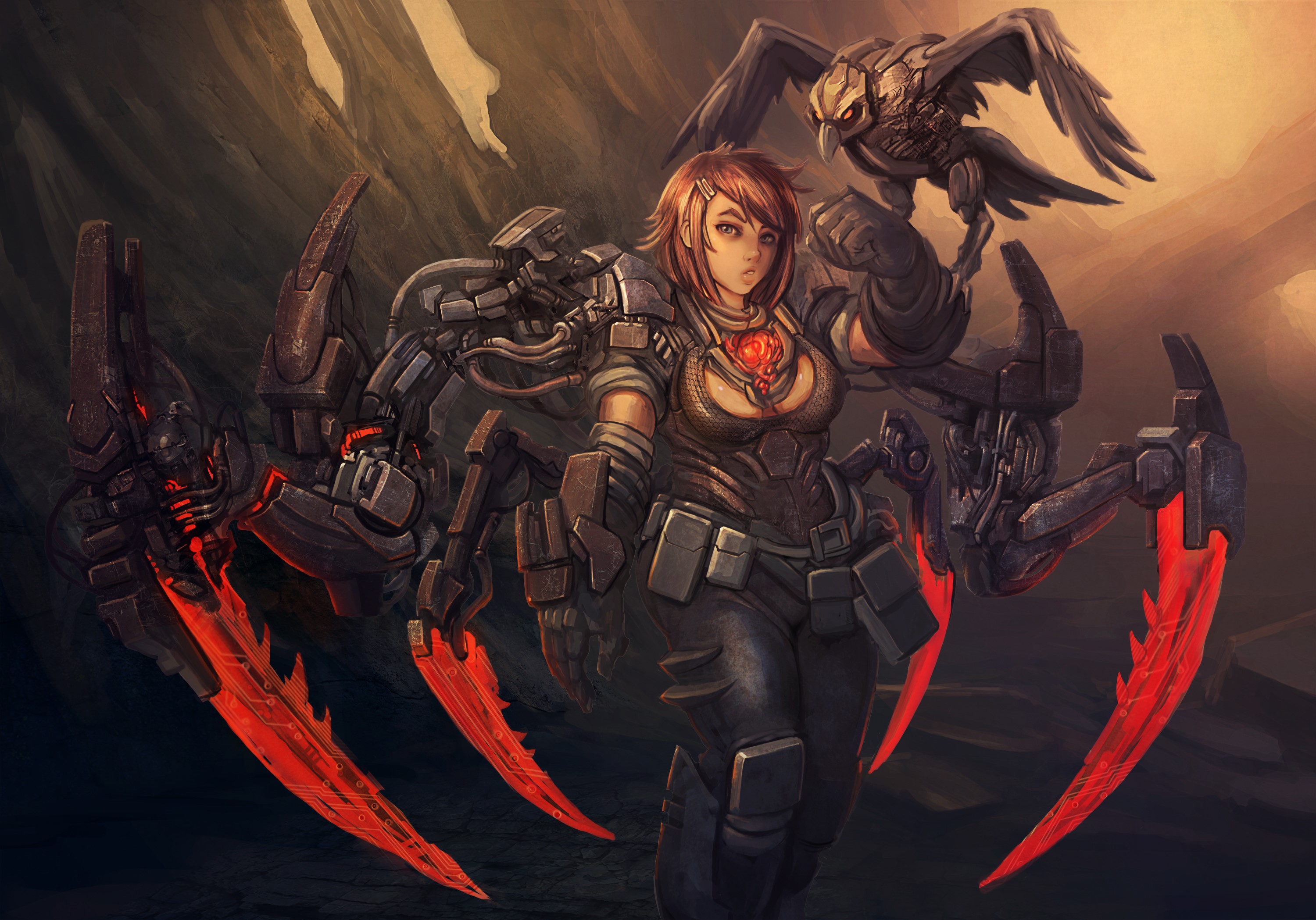 Warrior with mechanical spider legs and bird companion HD Wallpaper