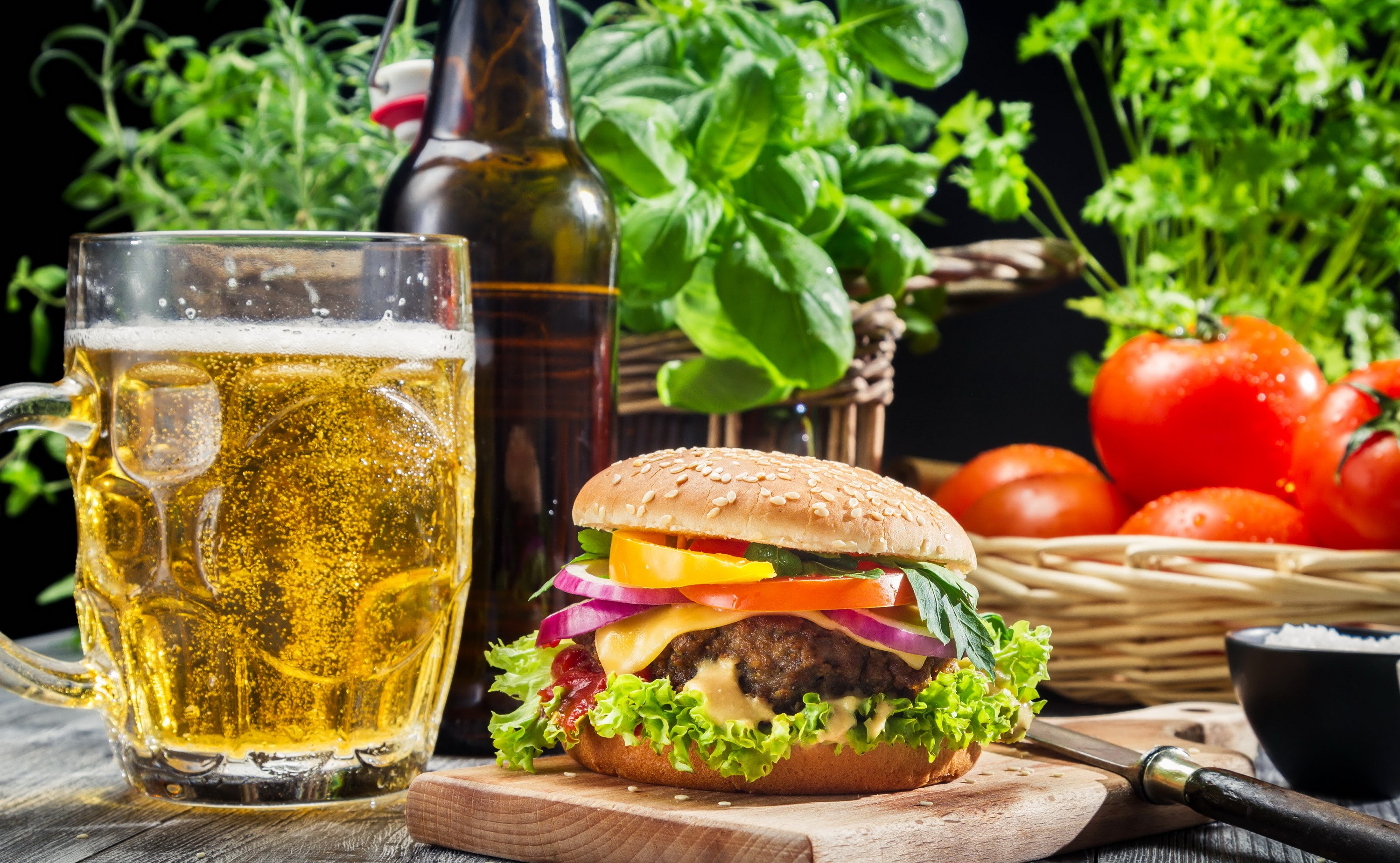 Hamburger, Beer, Tomatoes, and Herbs Still Life HD Wallpaper