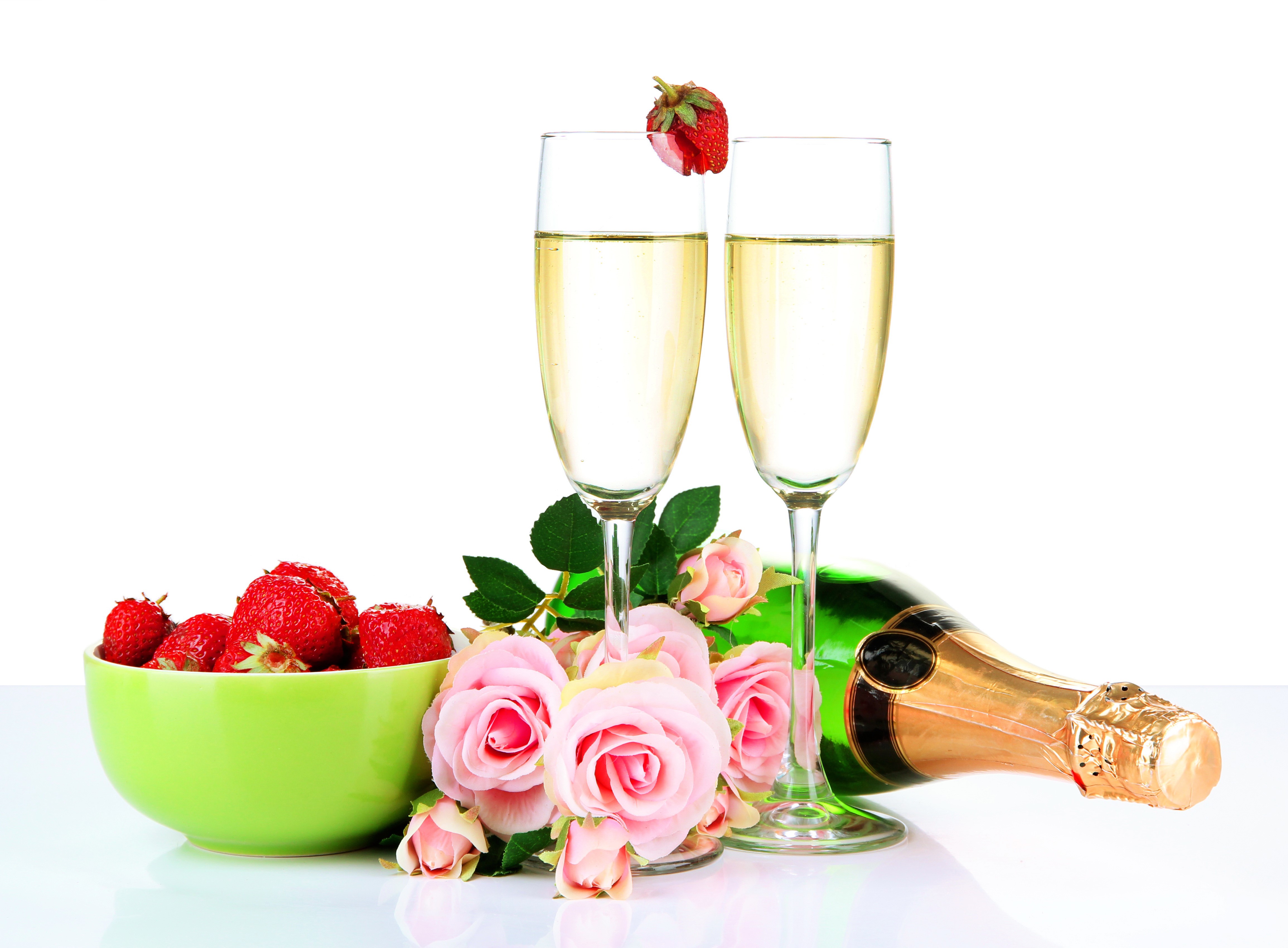 Champagne, Strawberries, Roses, and Stemware Still Life HD Wallpaper