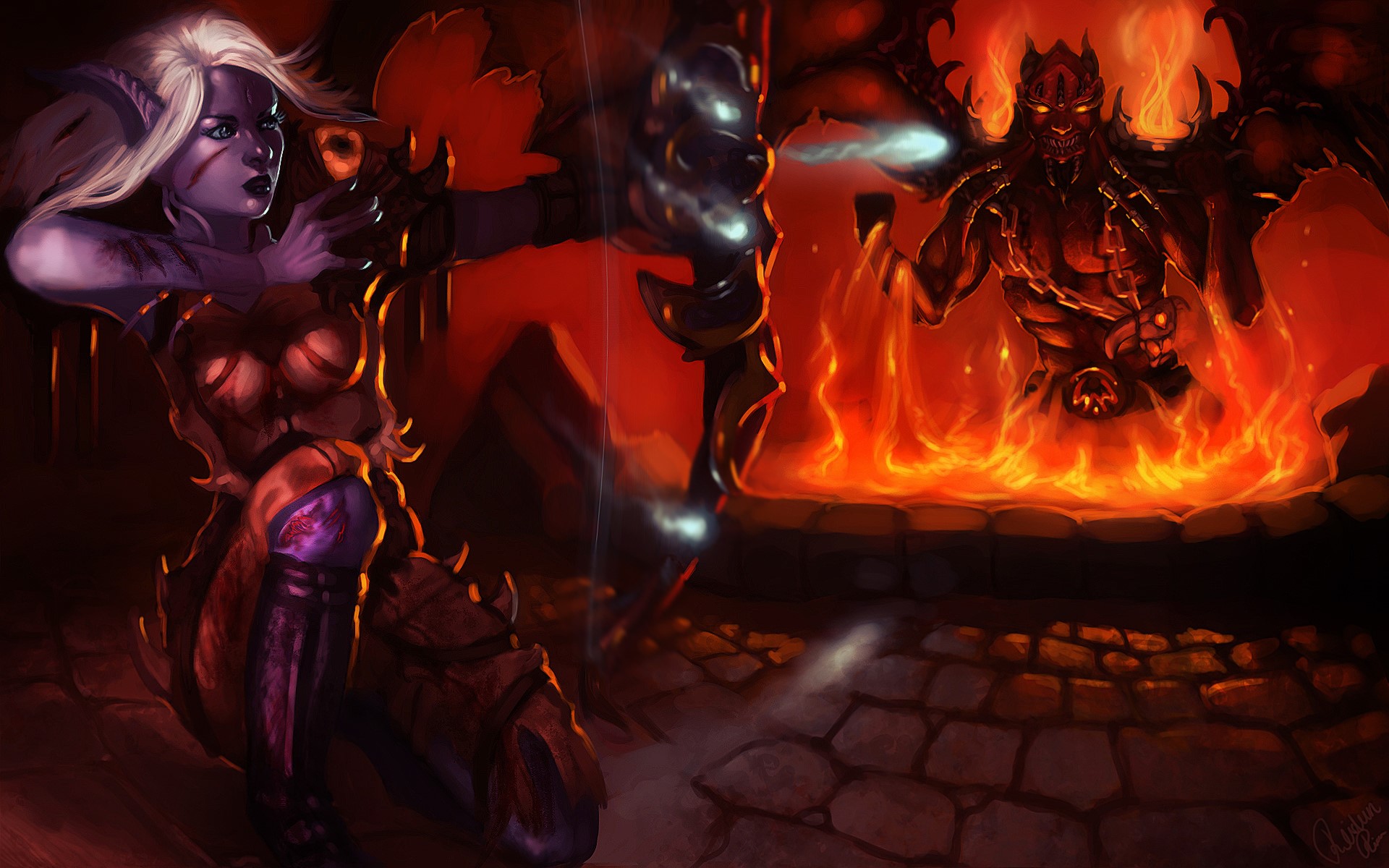 Elf Archer battles a demon in a fiery pit HD Wallpaper
