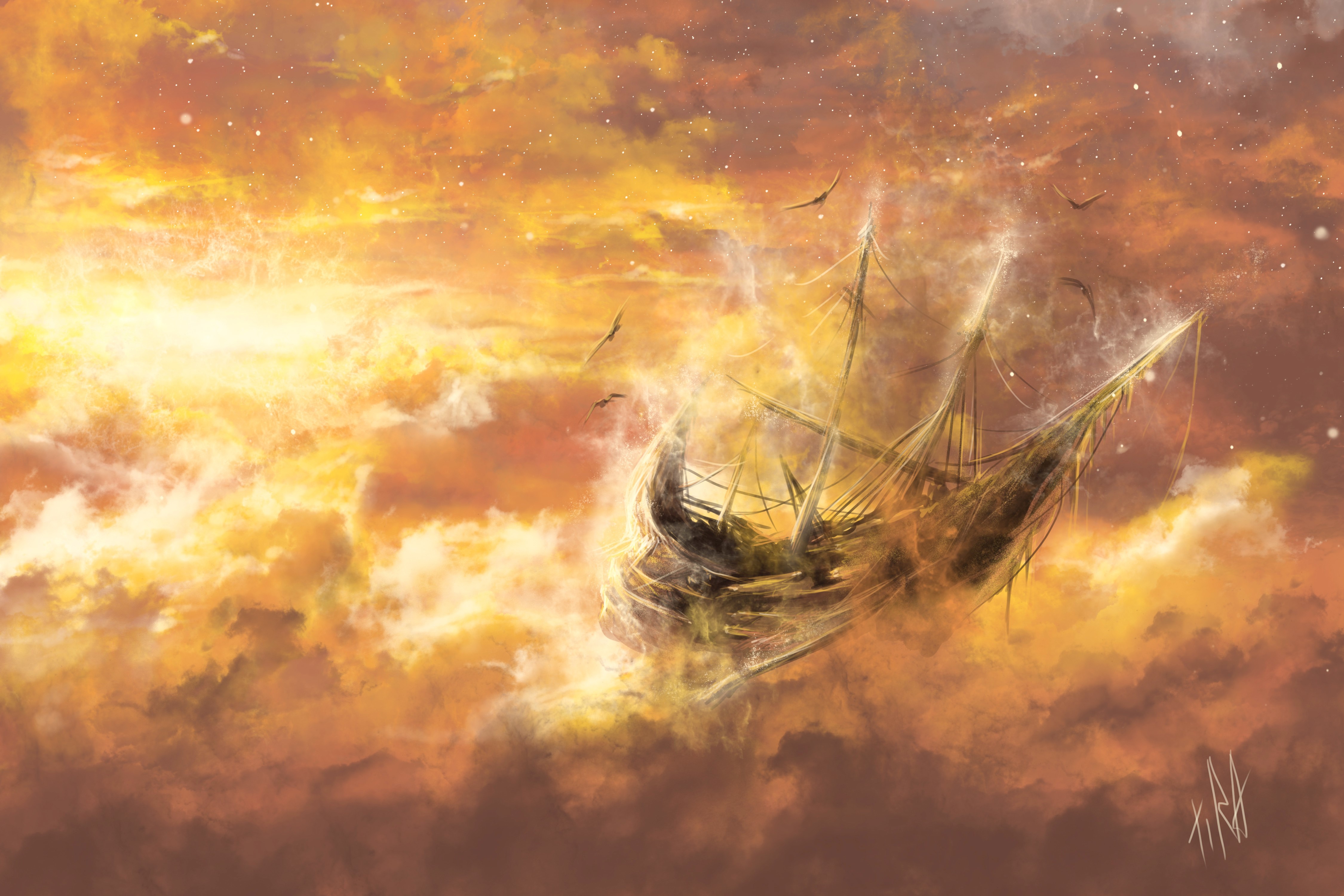 4K Painting of a Ghostly Ship in a Fiery Sky HD Wallpaper
