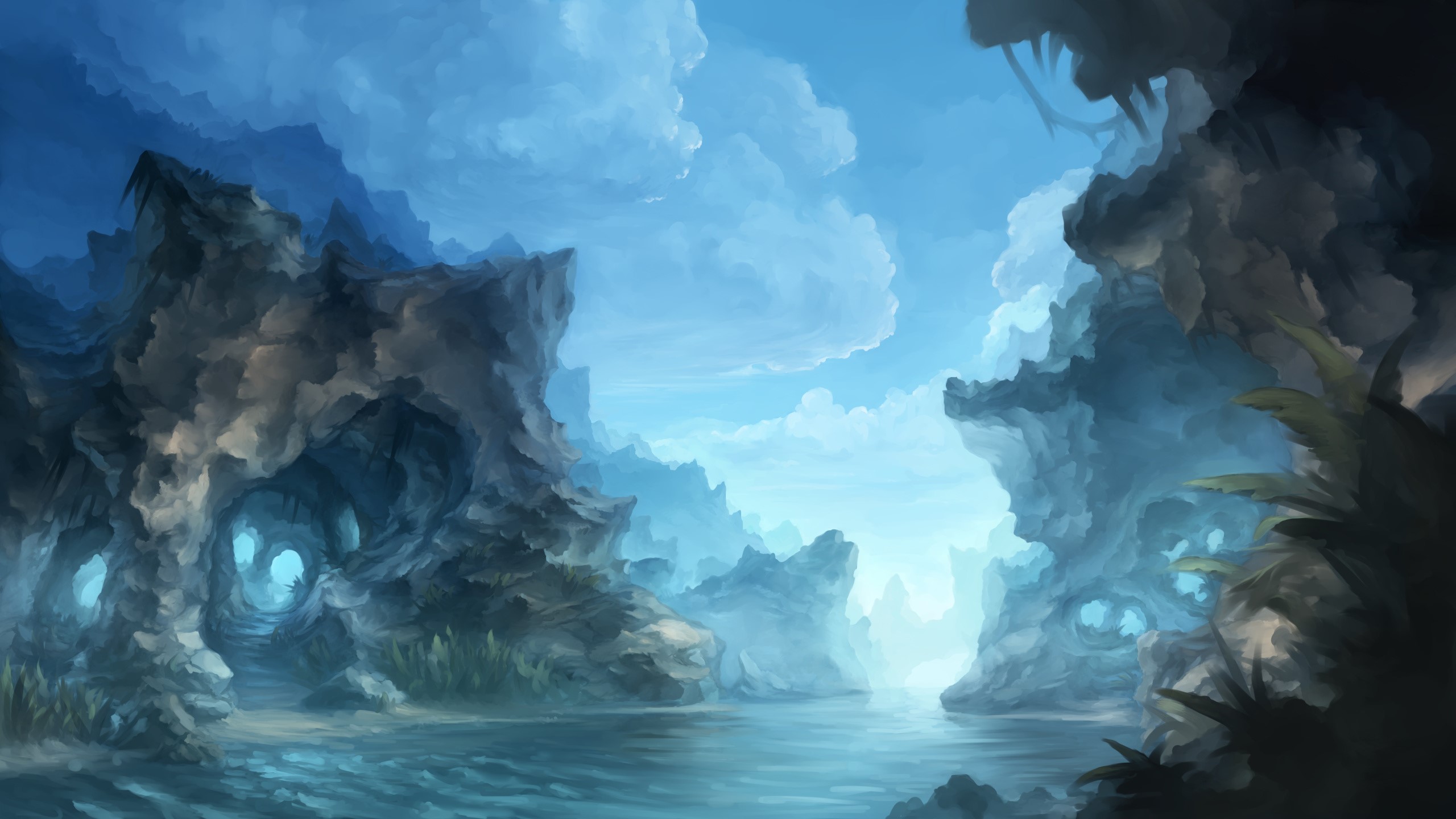 Fantasy world with caves and water HD Wallpaper