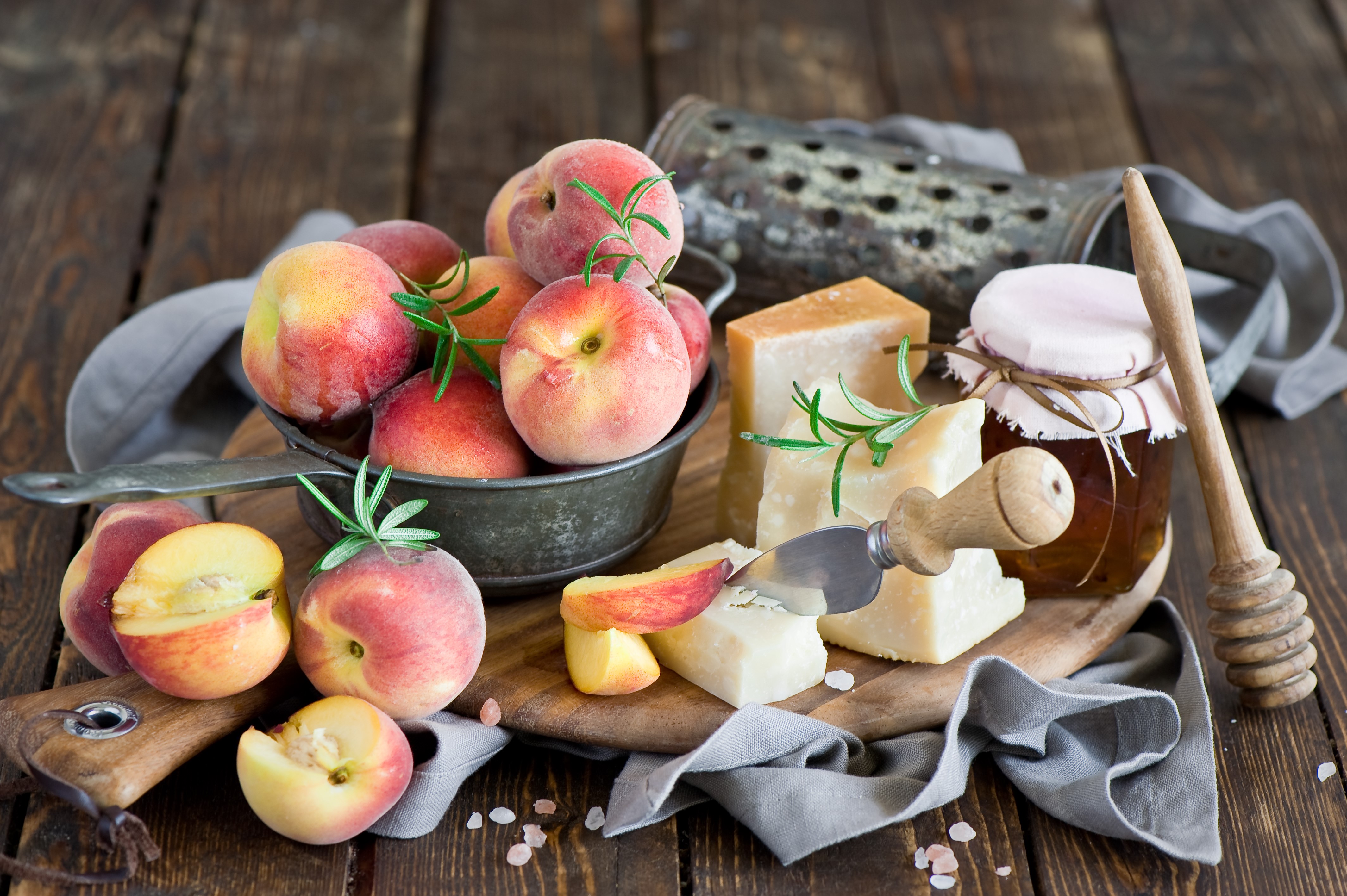 Still-life of Peaches, Cheese, and Honey Jar HD Wallpaper