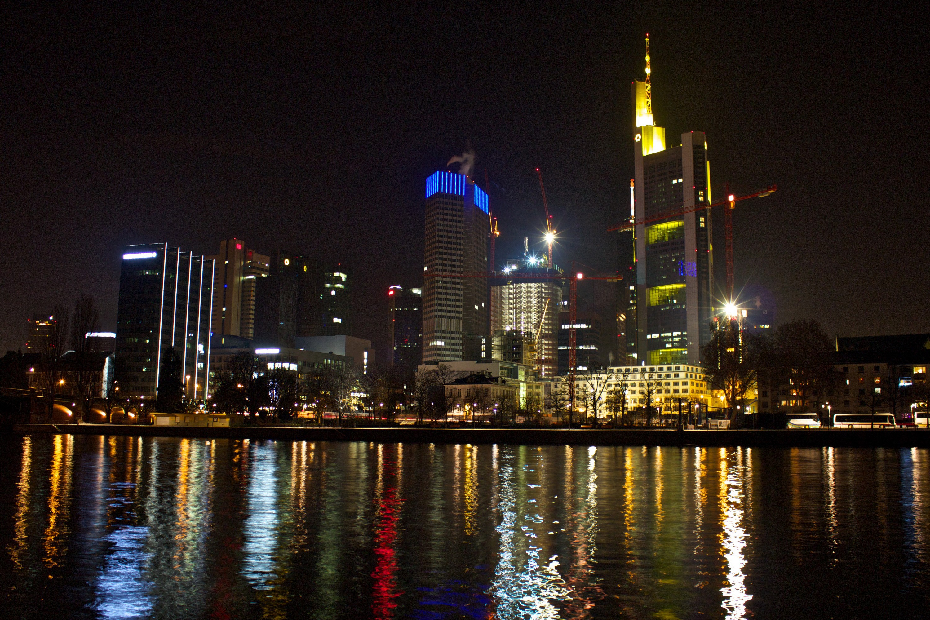 Frankfurt skyline at night with river reflection HD Wallpaper