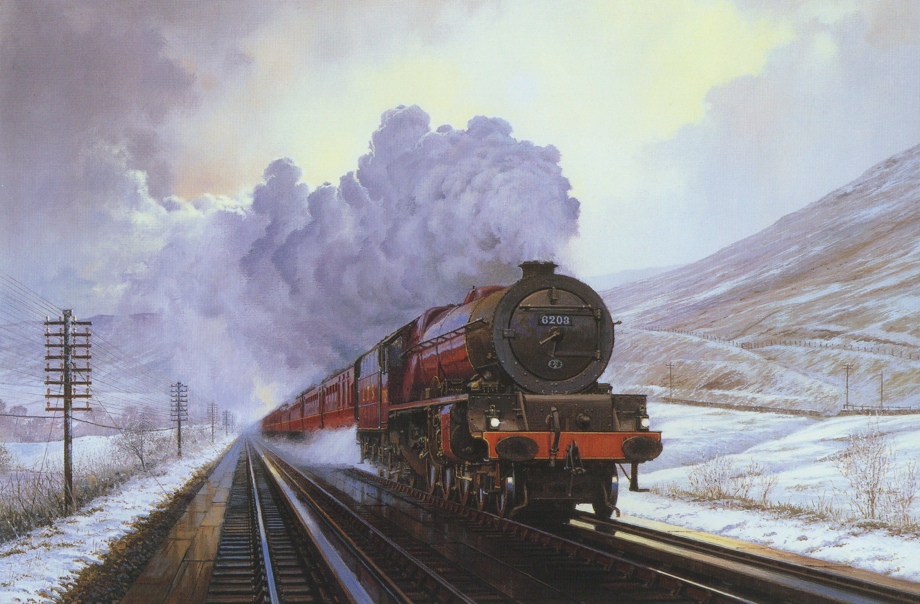 Steam Locomotive 6203 Traveling Through a Snowy Landscape HD Wallpaper