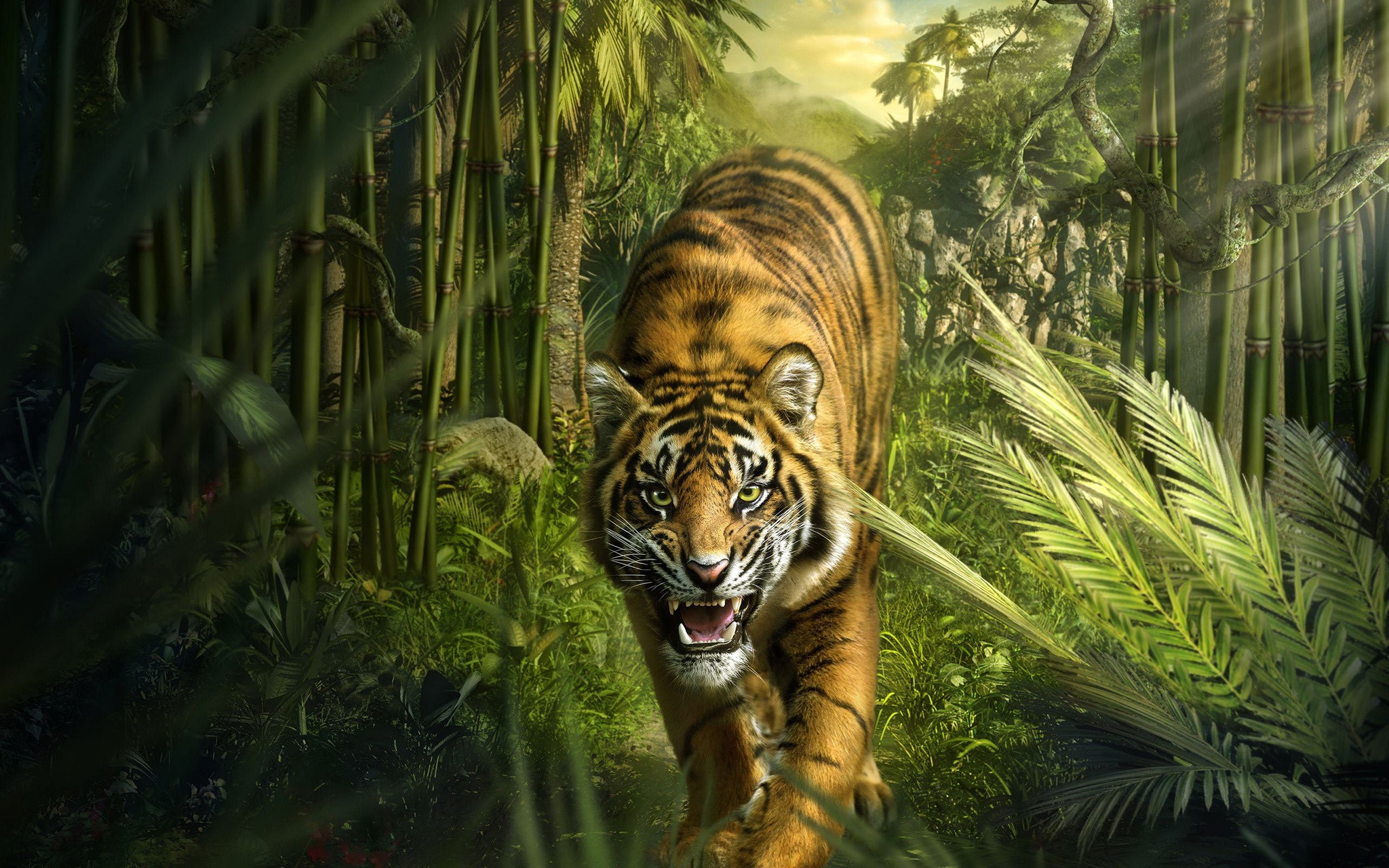 Tiger walking through a dense jungle with bamboo HD Wallpaper