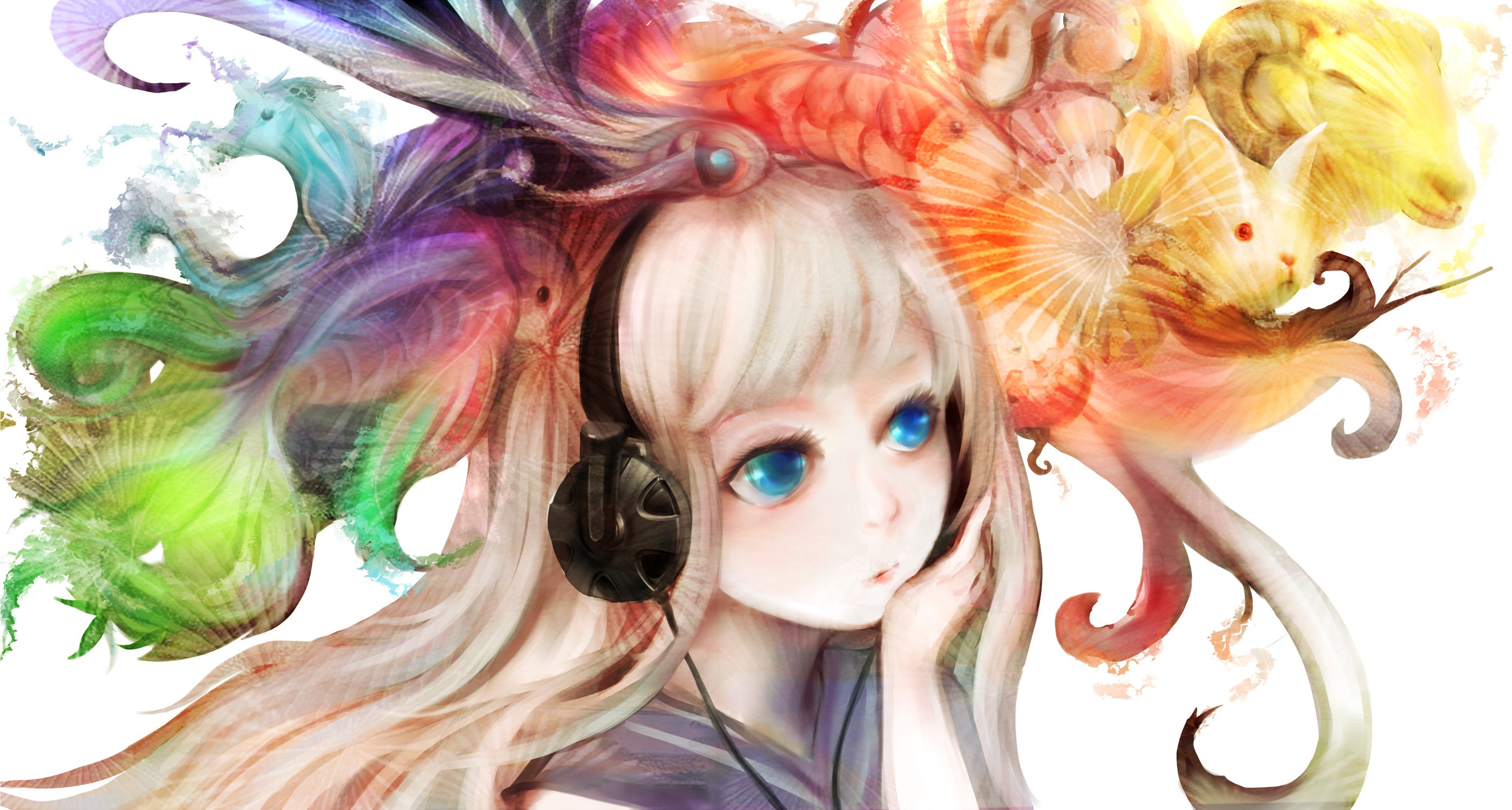 Girl with headphones and colorful abstract art HD Wallpaper