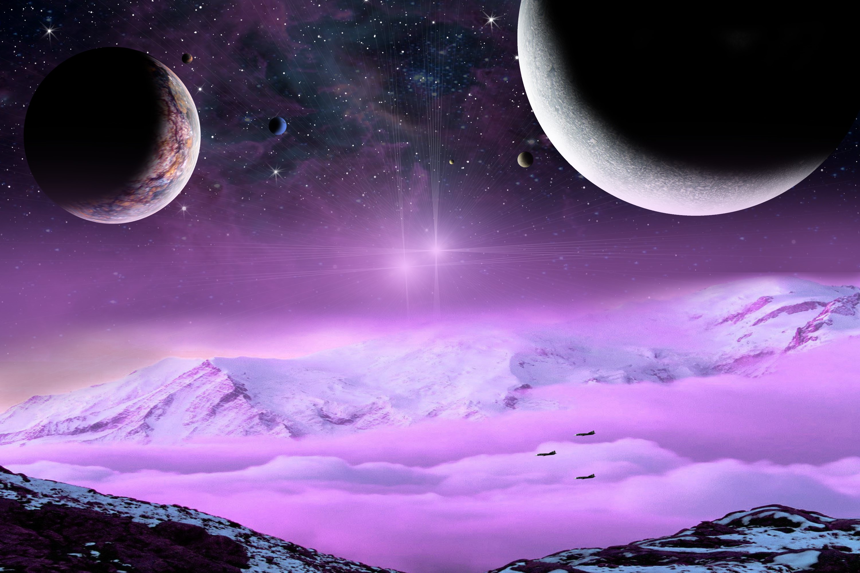 Alien planets with mountains and nebulae HD Wallpaper