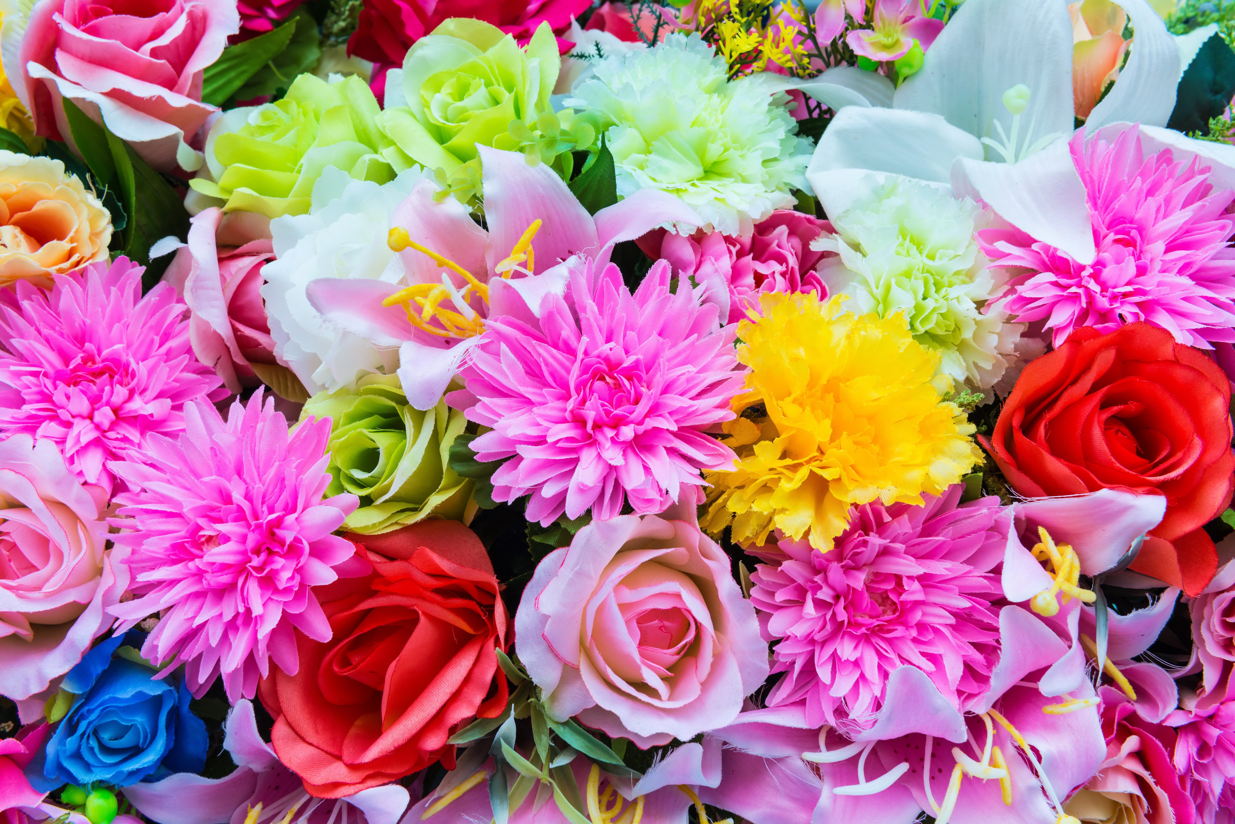 A colorful bouquet of roses, dahlias, and lilies HD Wallpaper