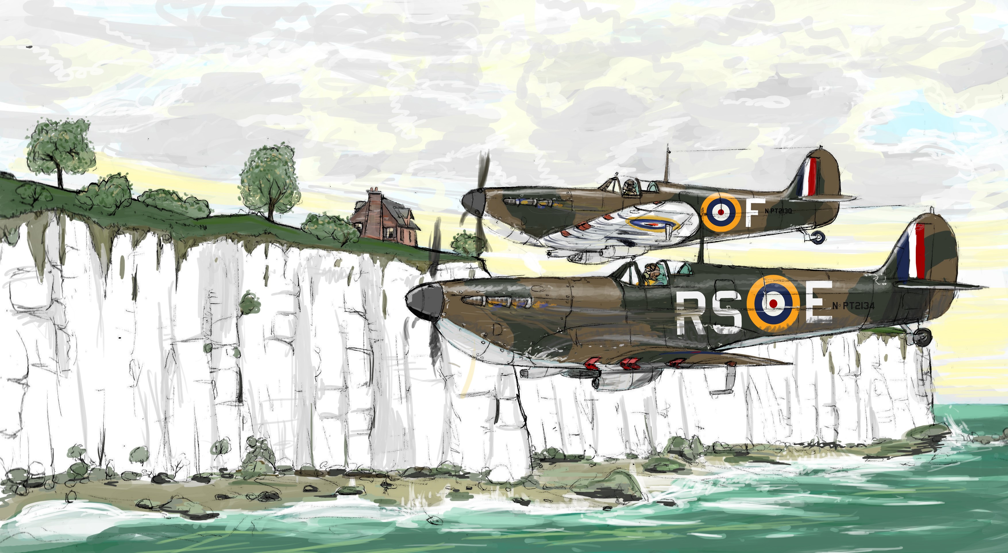 Two British Spitfire airplanes fly over white cliffs HD Wallpaper