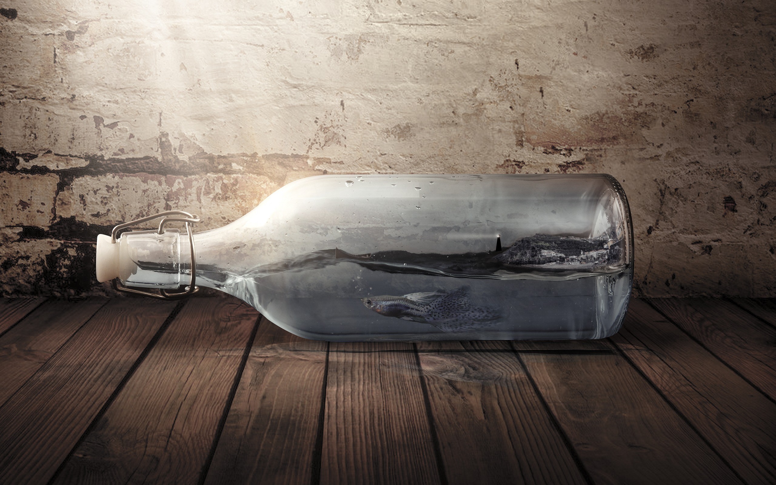 Fish and island in a bottle HD Wallpaper
